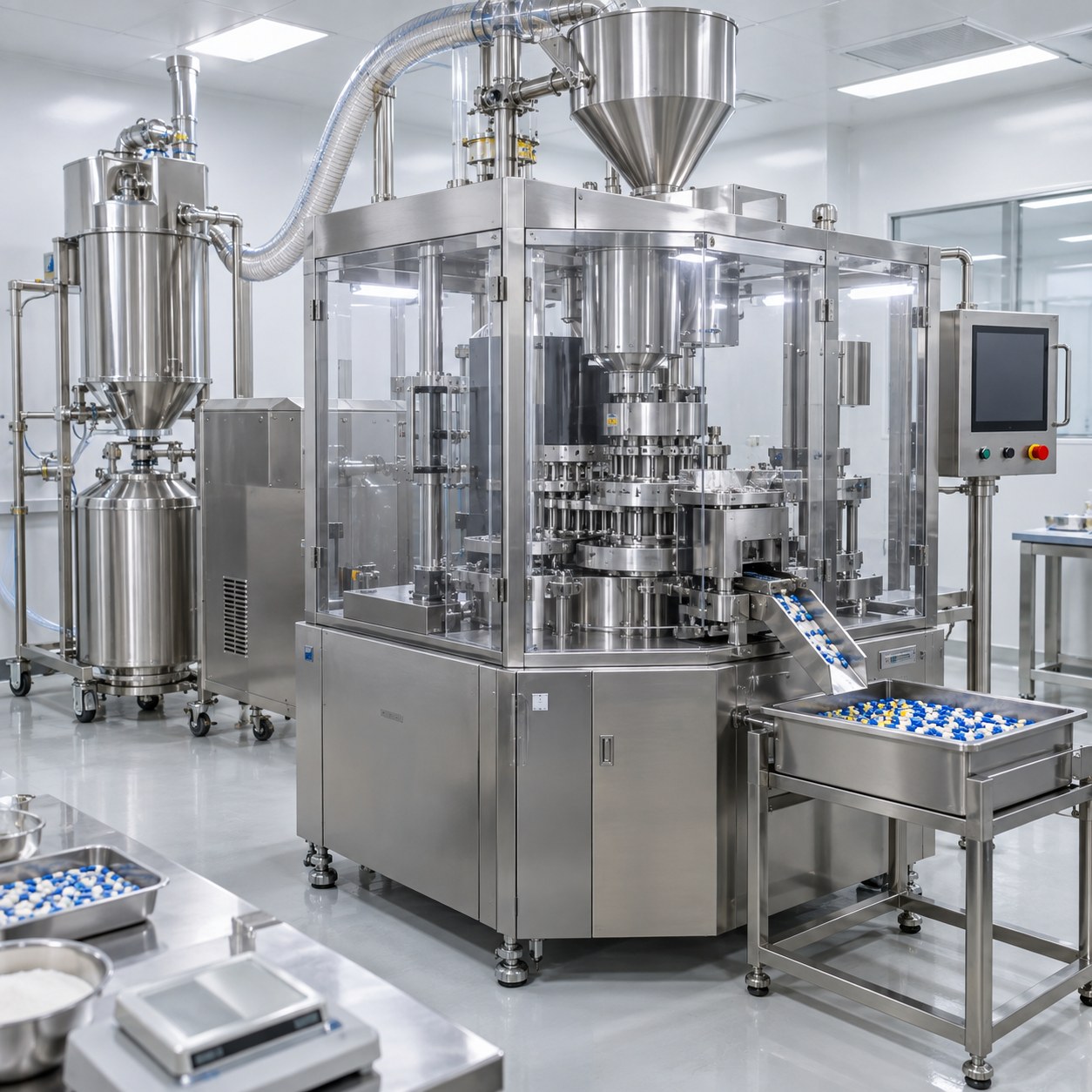 Automatic hard capsule filling production line running in a GMP-controlled pharmaceutical workshop