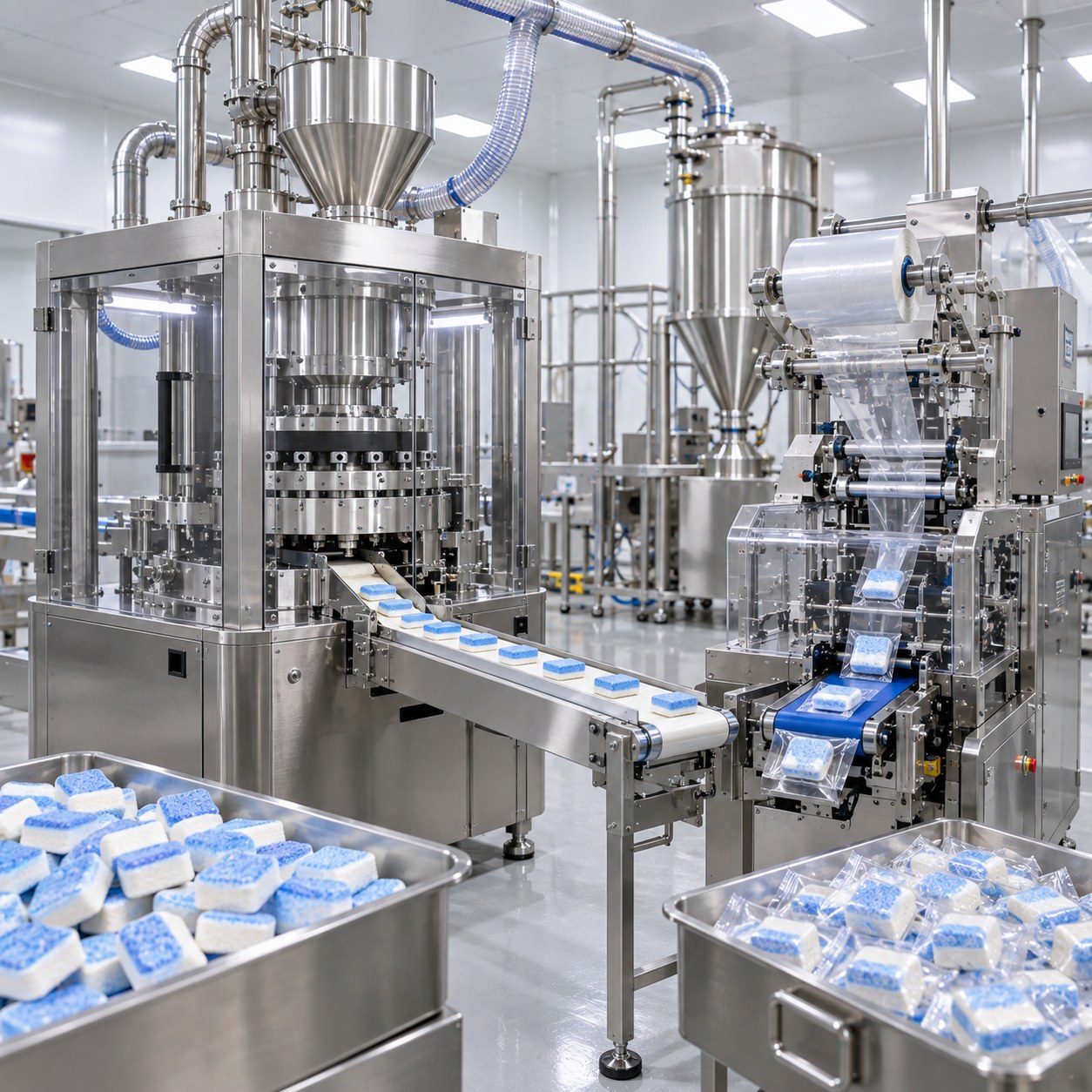 Dishwasher and laundry tablet production line with bilayer tablet press and PVA film packaging