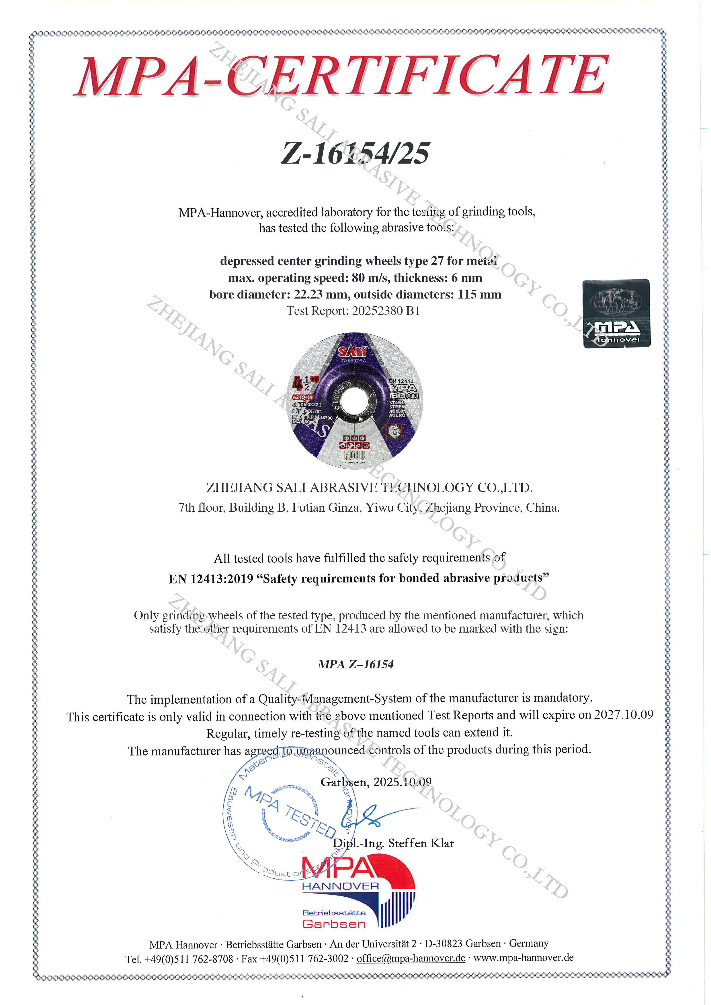 MPA certificate for 115 mm Type 27 depressed centre metal grinding wheel