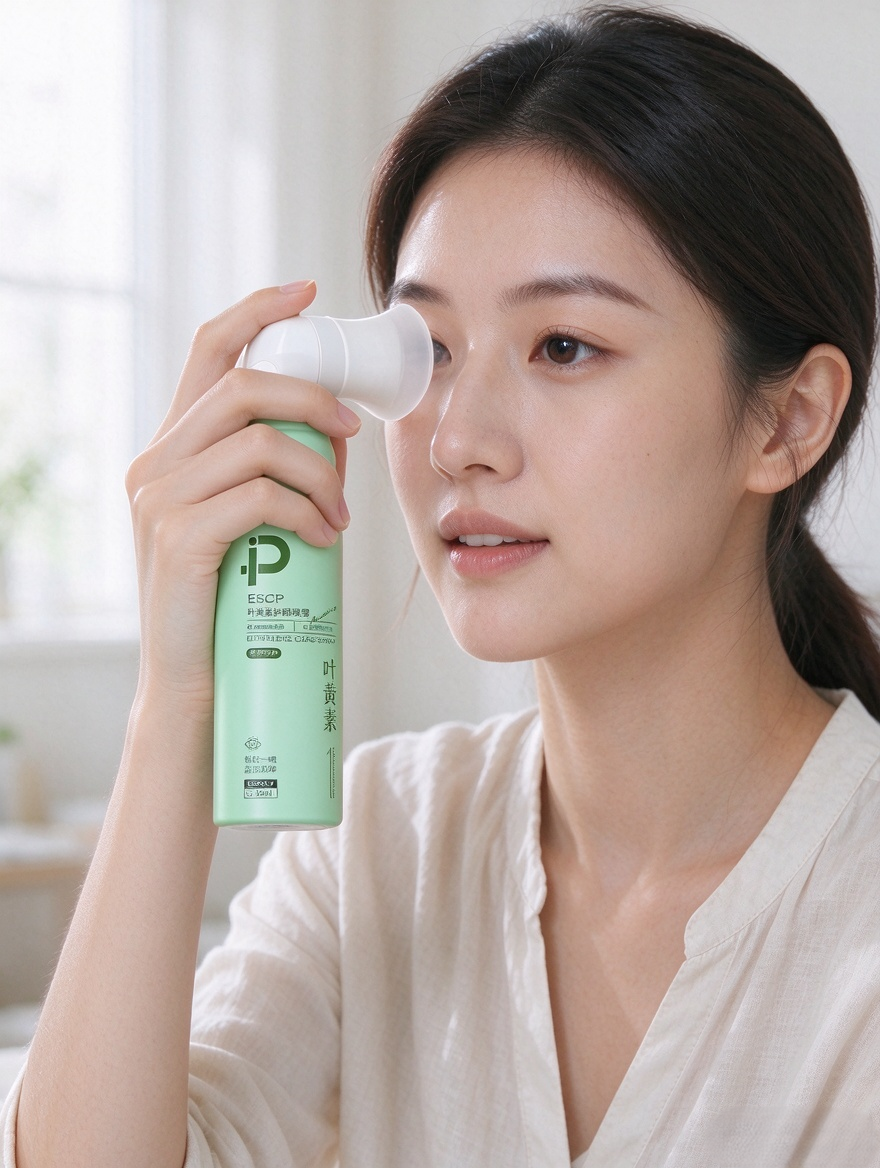 Usage instructions diagram for external eye-area spray application