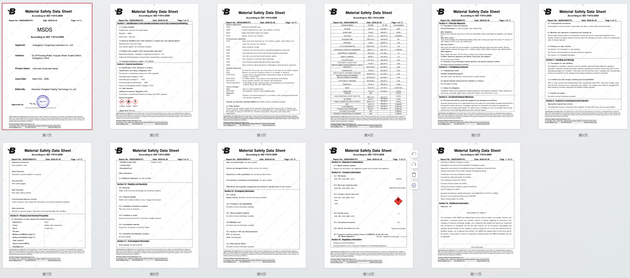 MSDS and SDS documentation prepared for aerosol cosmetic dangerous-goods export