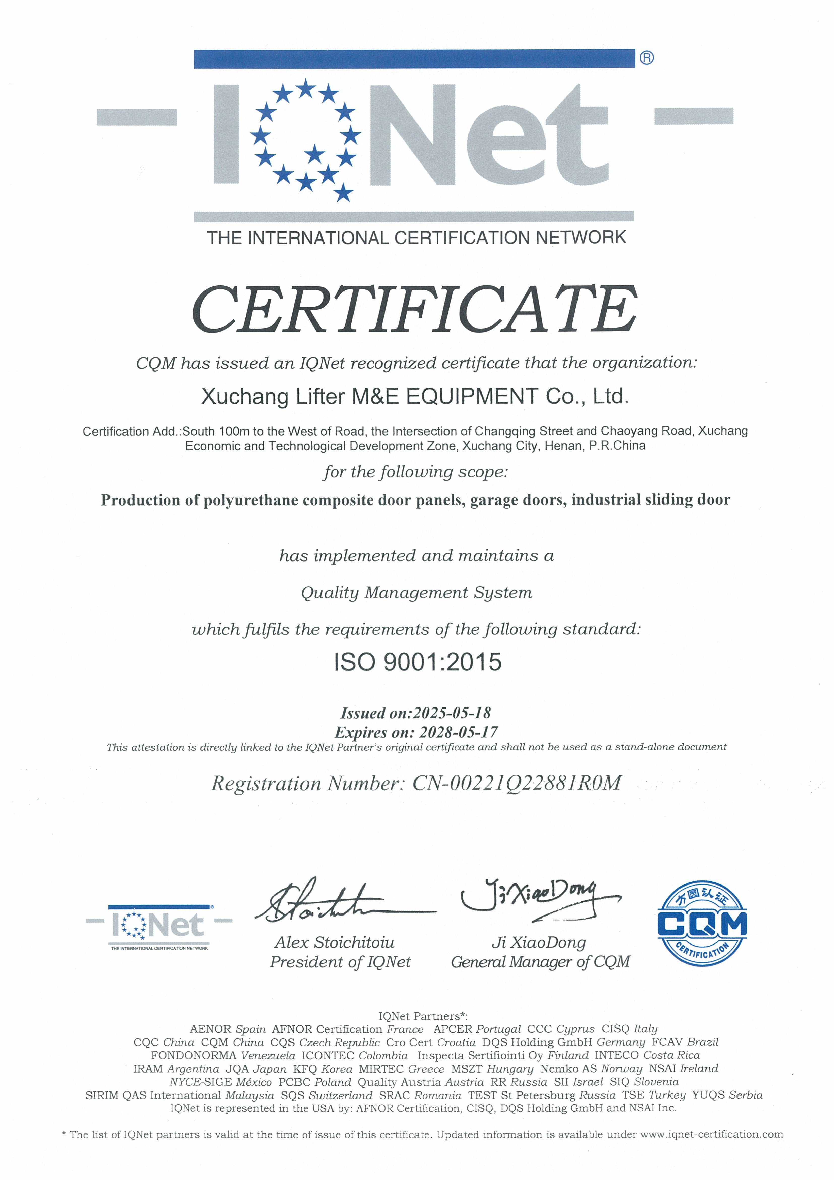 IQNet ISO 9001 Quality Management System Certificate