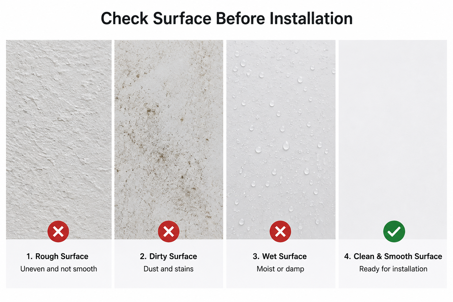 Surface condition check before applying self-adhesive PVC decorative film