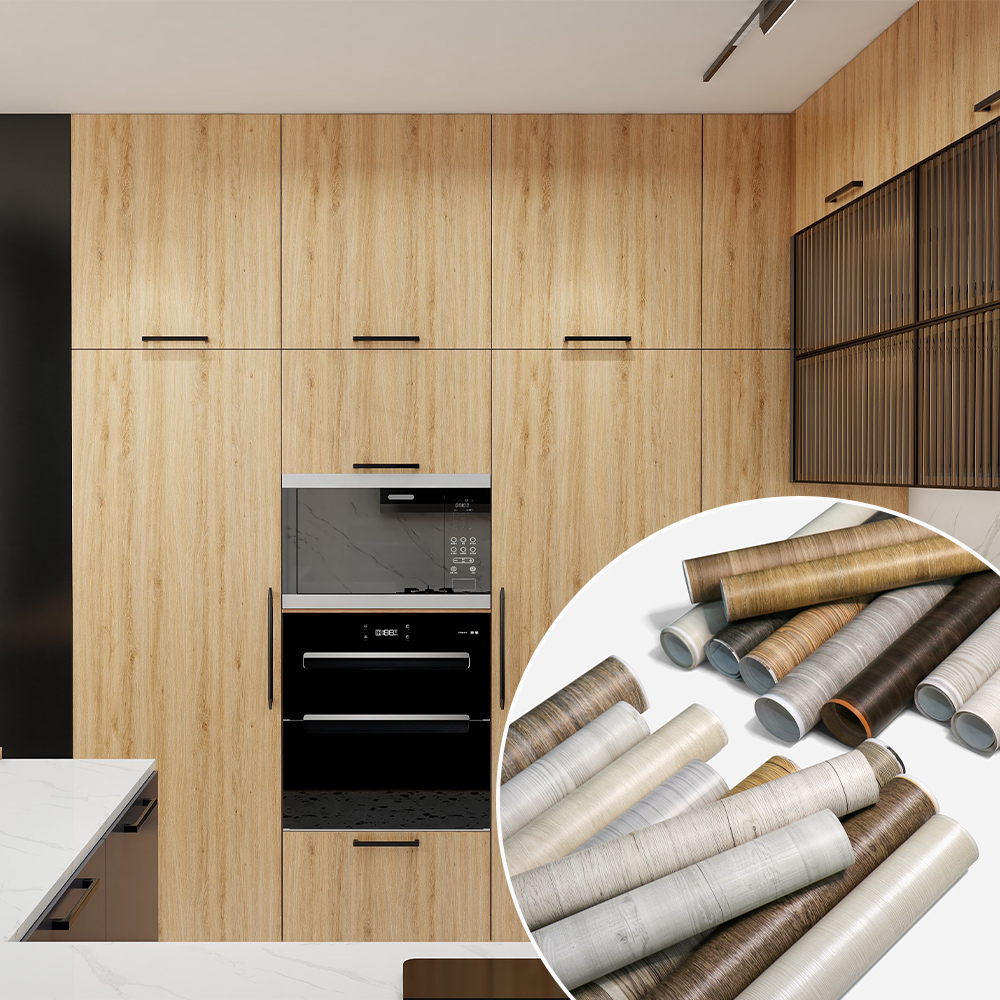Self-adhesive PVC decorative film applied to kitchen cabinet doors
