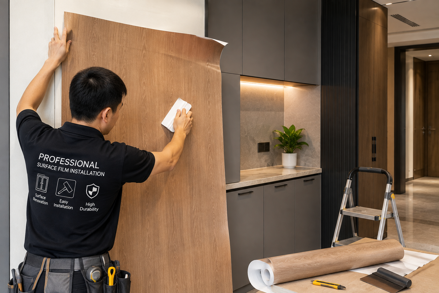 Wrapping contractors installing self-adhesive PVC decorative film during interior renovation