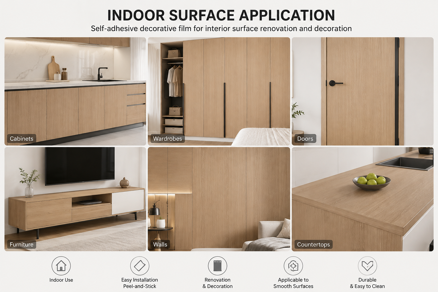 Indoor surface application of self-adhesive PVC decorative film on interior panels