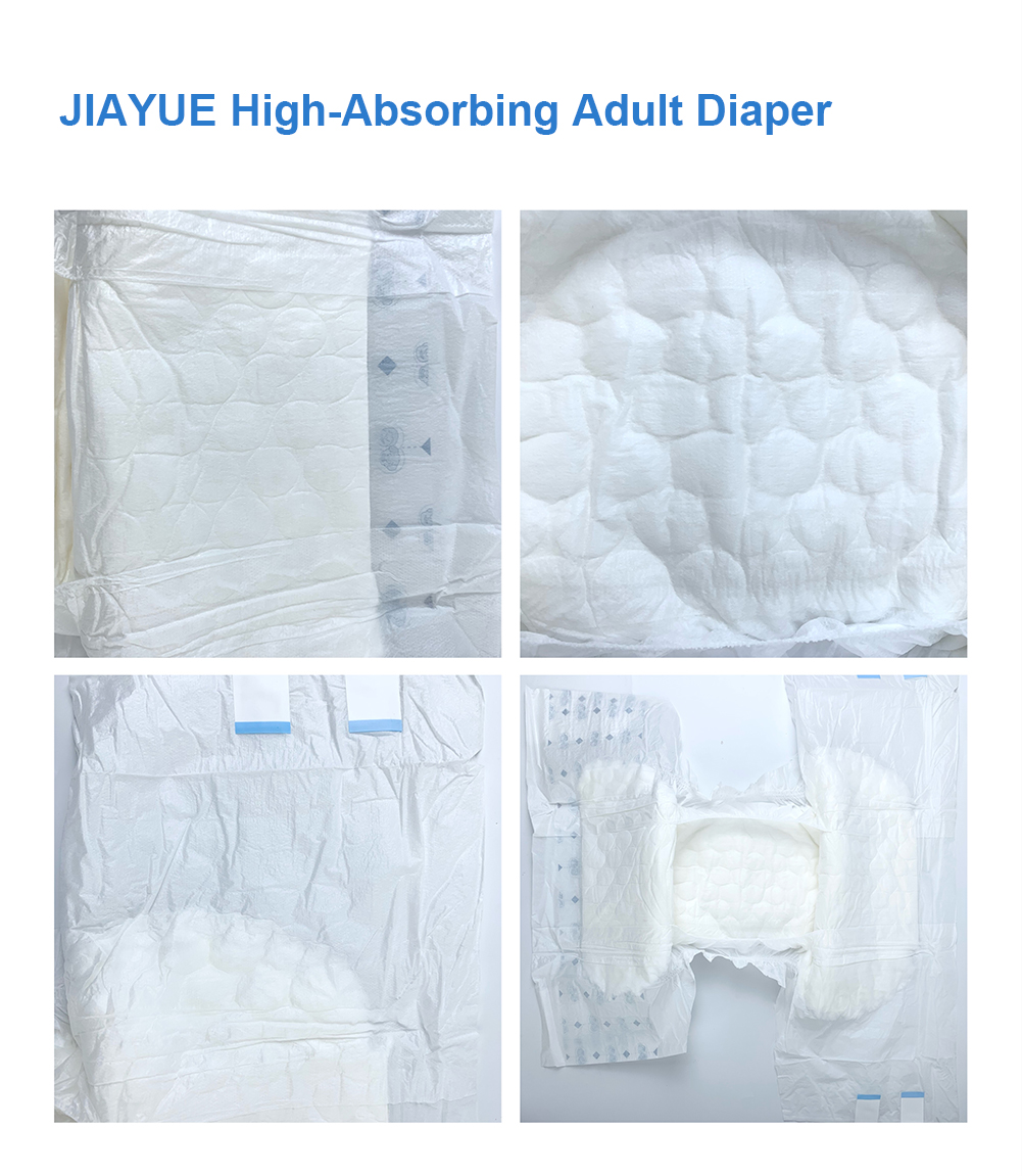 Exploded product detail view of the Yibero adult diaper showing topsheet, absorbent core, ADL and backsheet layers