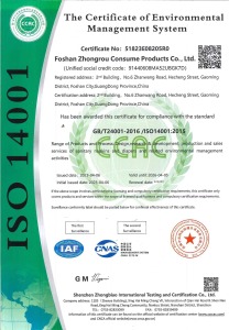 ISO 14001 Environmental Management System Certificate - Certificate No. 51823E08205R0