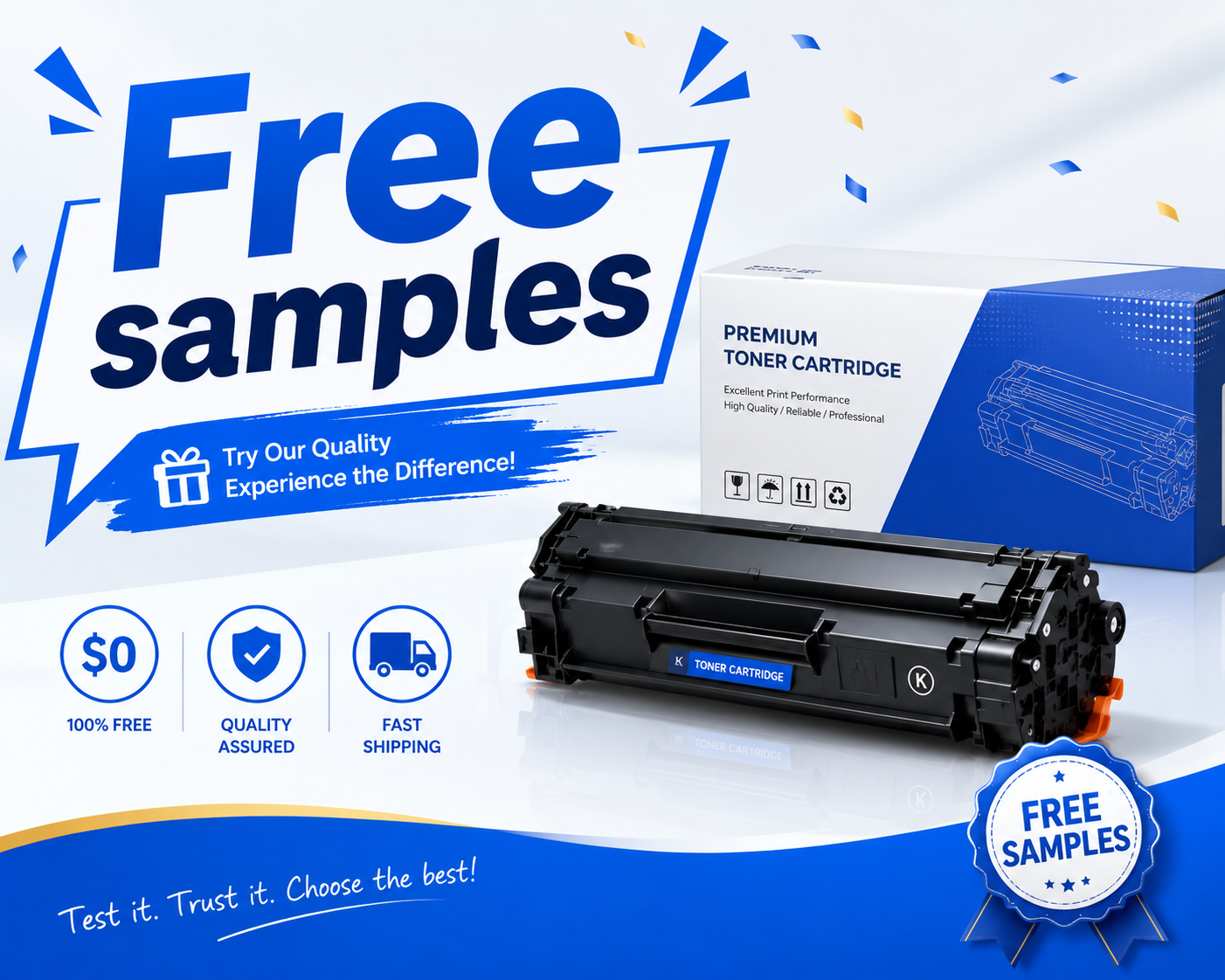 Free sample support for compatible toner cartridges covering five copier brands