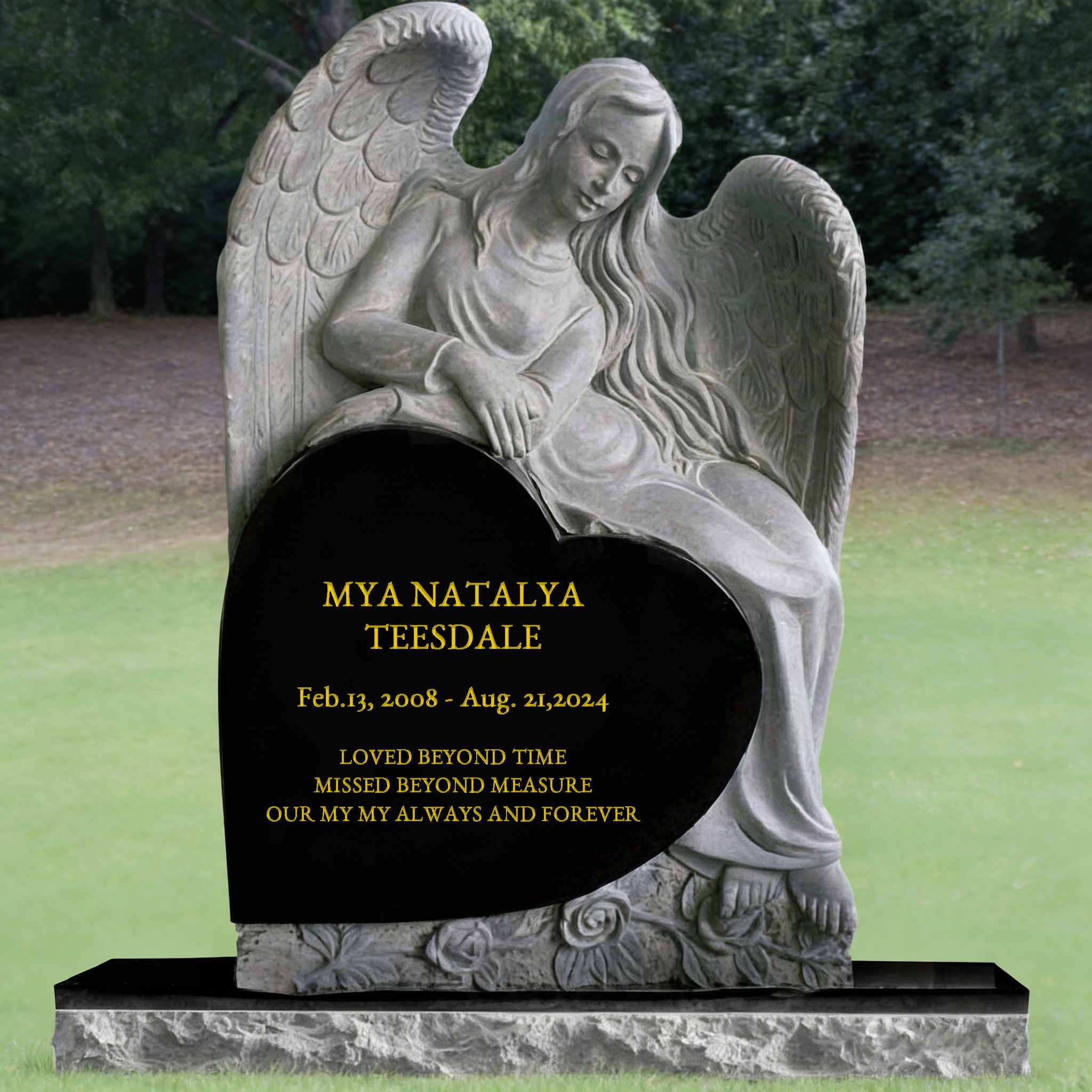 Finished granite monument with mirror polished surface and laser engraved lettering shown after final inspection
