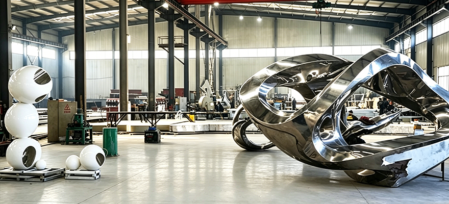 Interior of a stainless-steel sculpture processing workshop used for custom sculpture fabrication