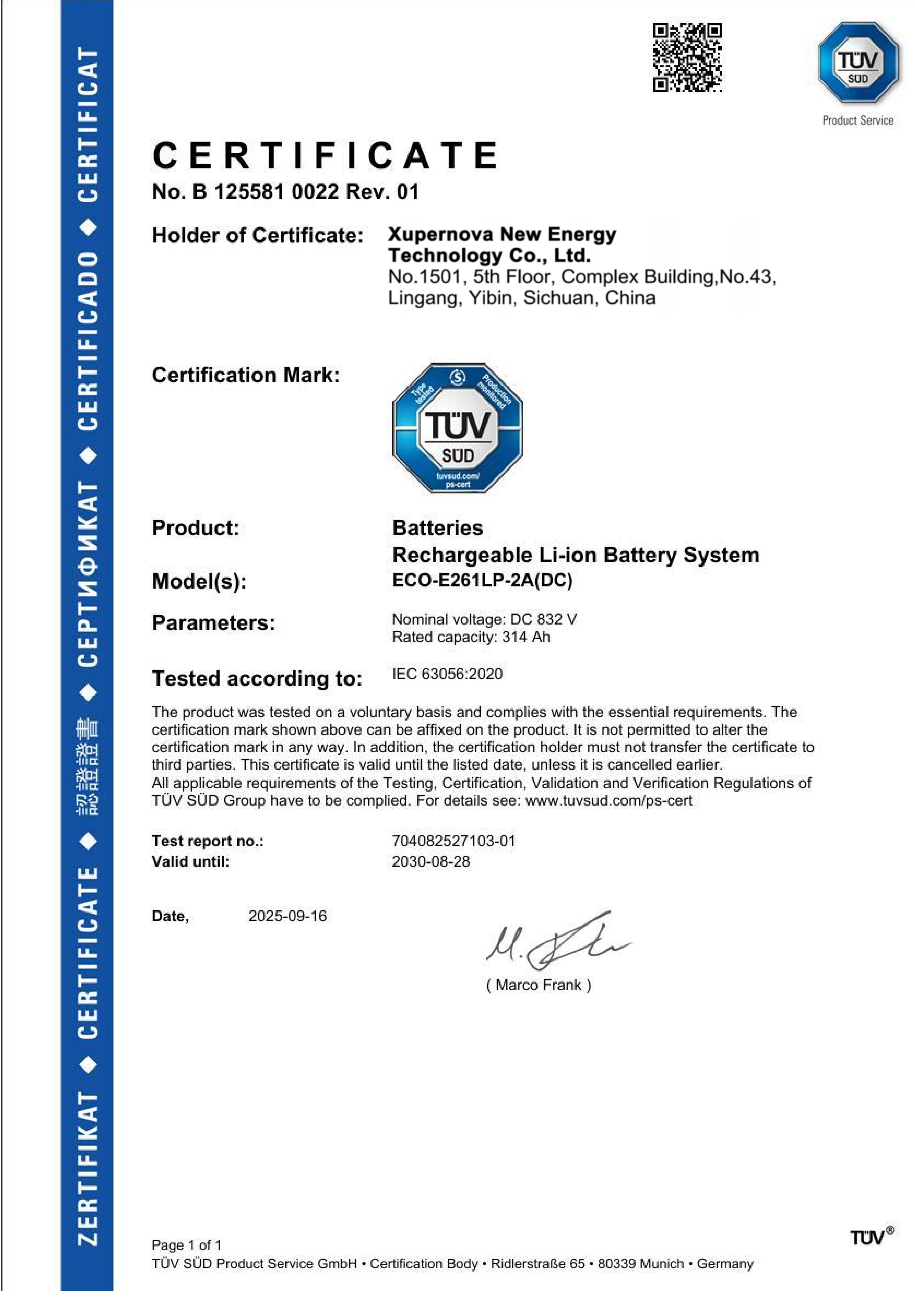 IEC 63056:2020 product certificate for Xupernova battery energy storage system
