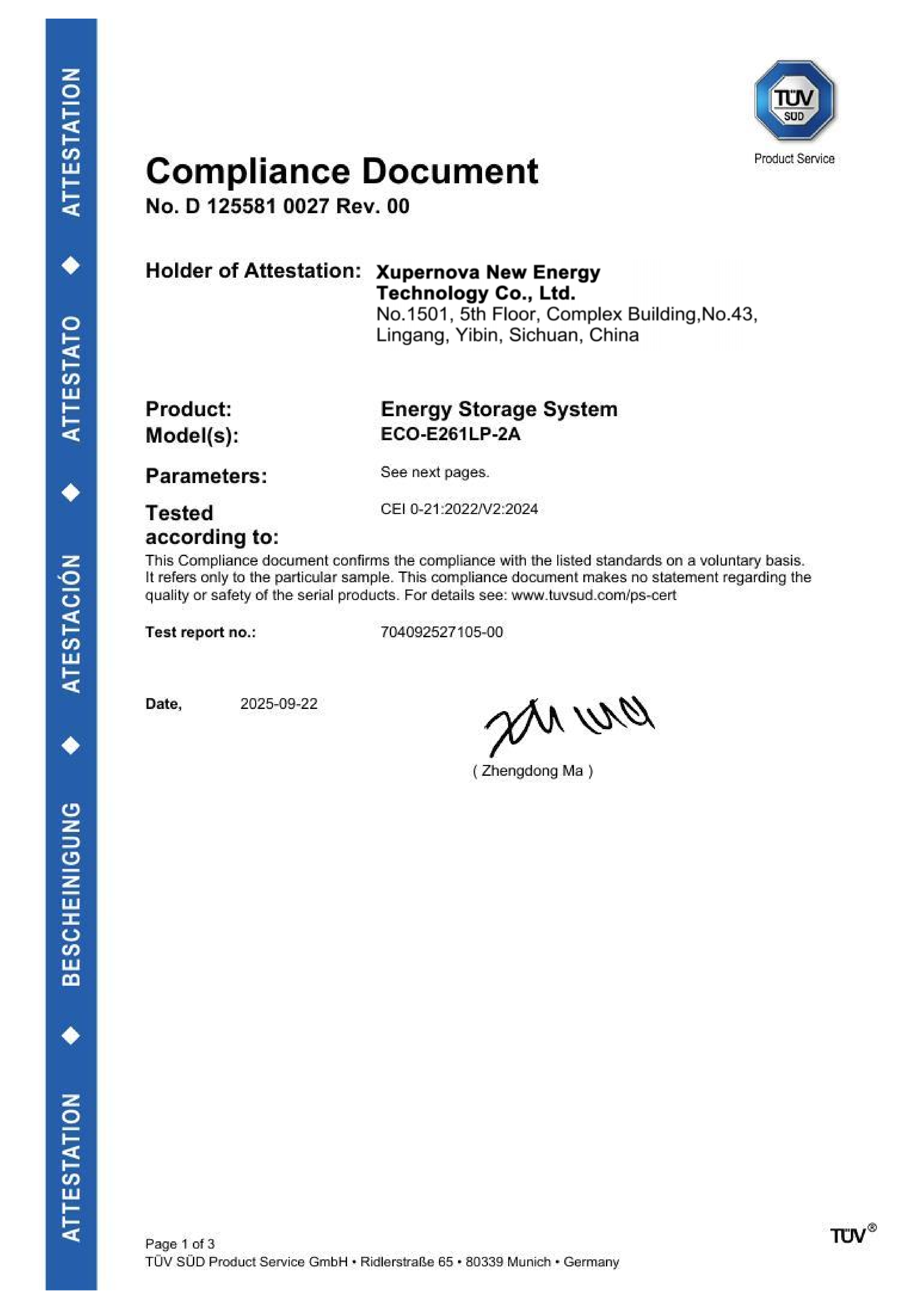 CEI 0-21 compliance document for ECO-E261LP-2A energy storage system issued by TÜV SÜD