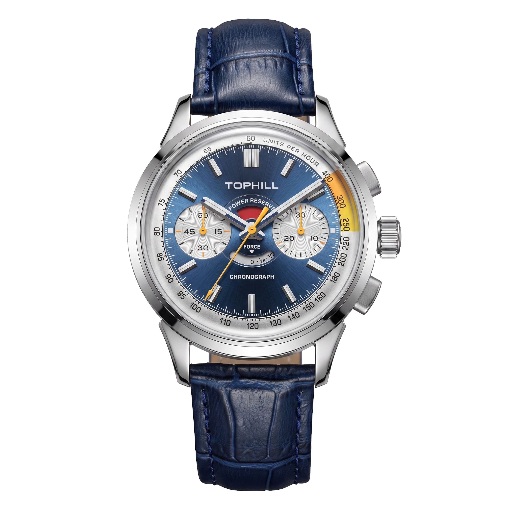 Stainless steel with blue dial