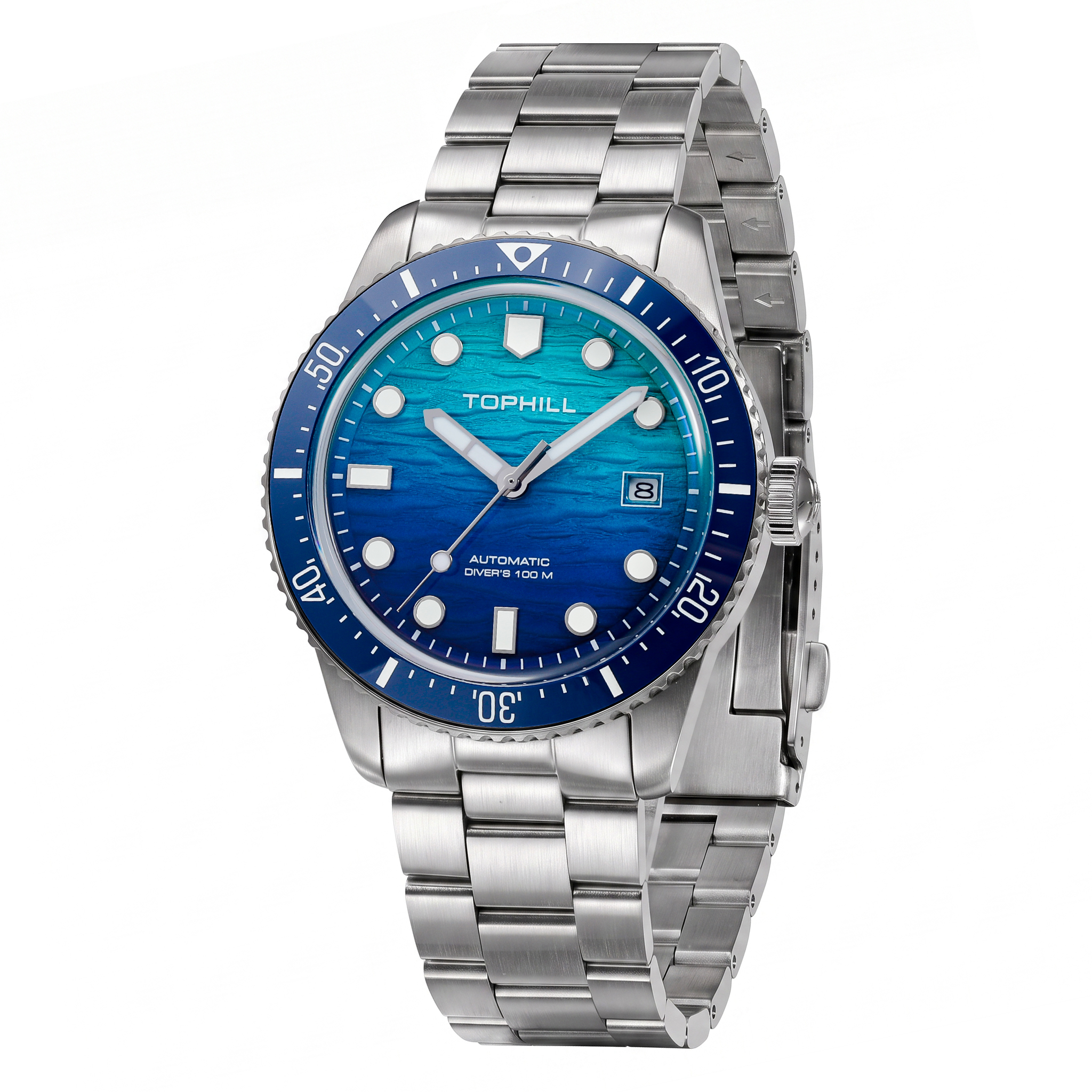 TD017G automatic diving watch with 316L stainless steel case, luminous ceramic bezel and gradual light blue dial