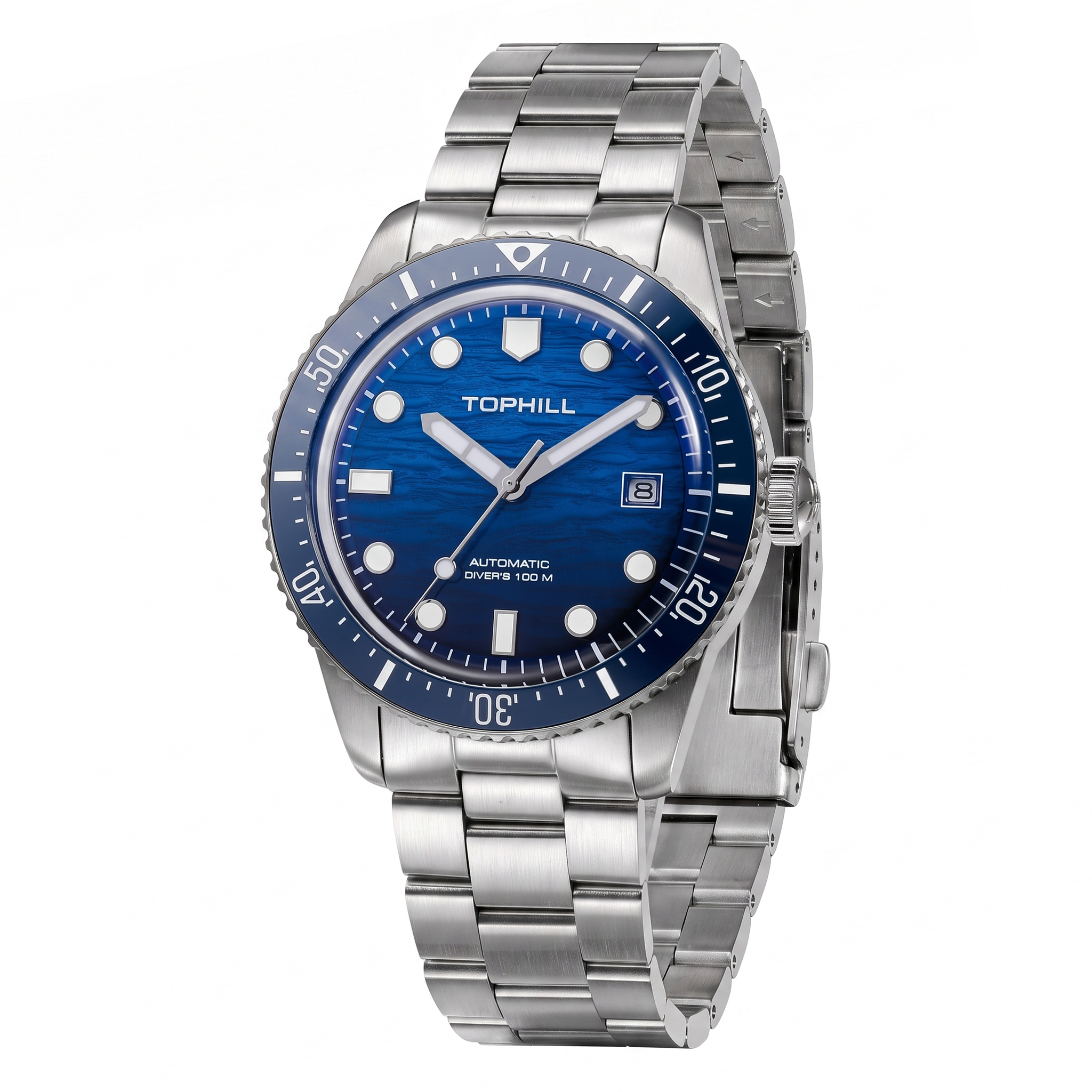 10 ATM automatic diving watch model TD017G with 316L stainless steel case, ceramic bezel insert and gradual blue dial