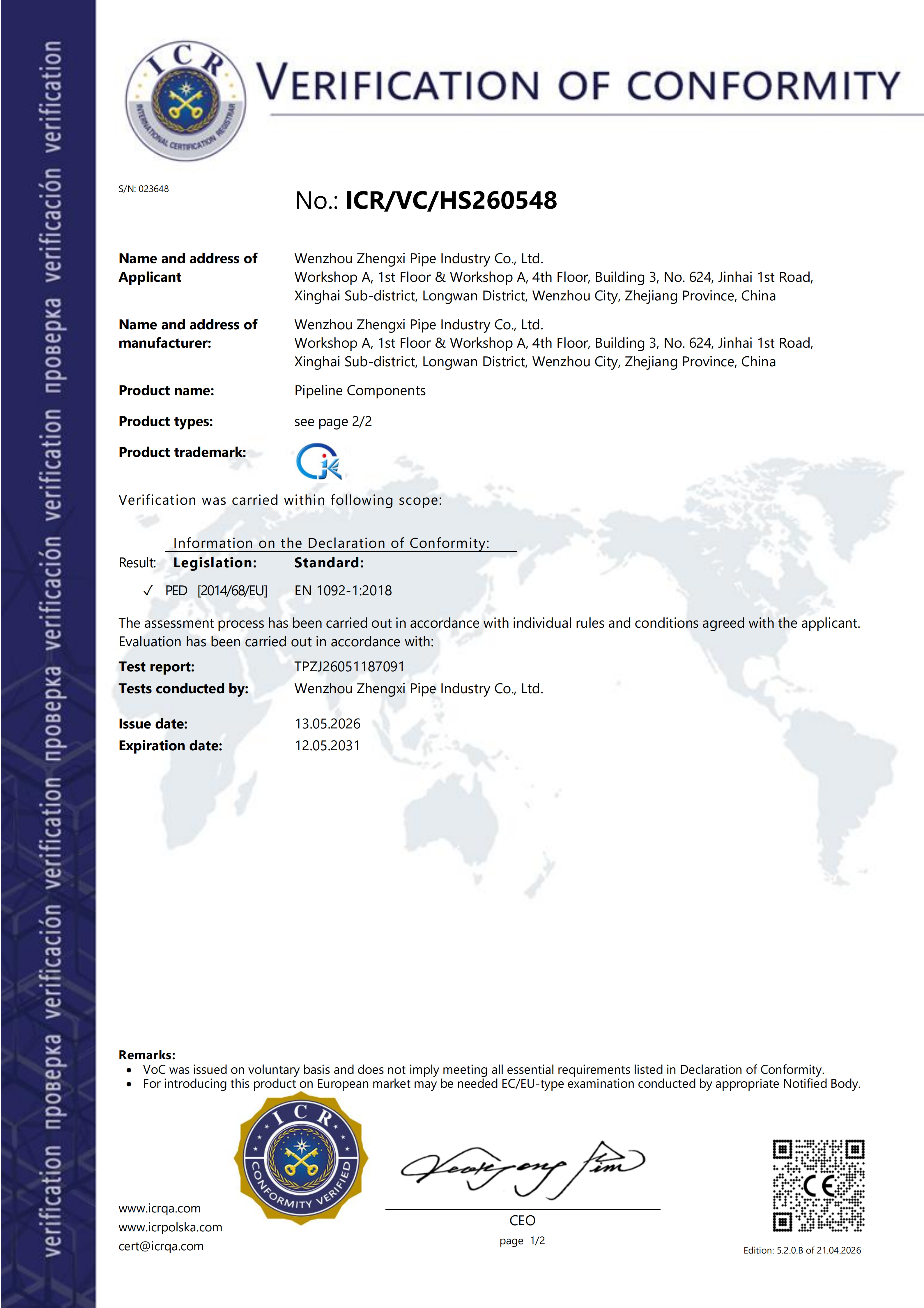CE-PED Verification of Conformity certificate for stainless steel press fittings