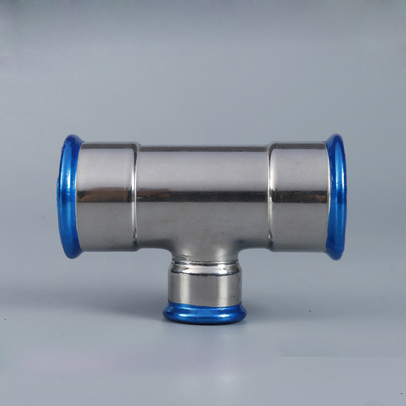 Stainless steel press‑fit reducing tee for plumbing piping system