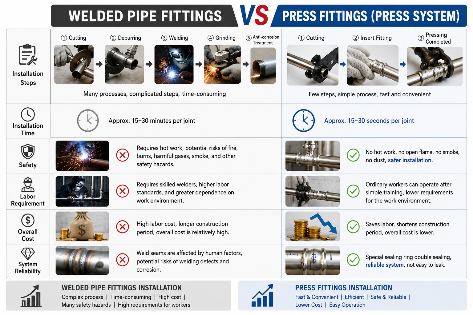 Stainless steel press-fit vs welded pipe connection comparison diagram