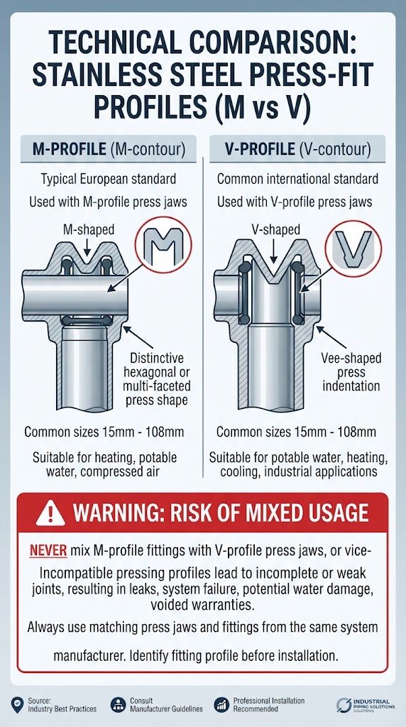 M profile press fitting compared with V profile press fitting compatibility