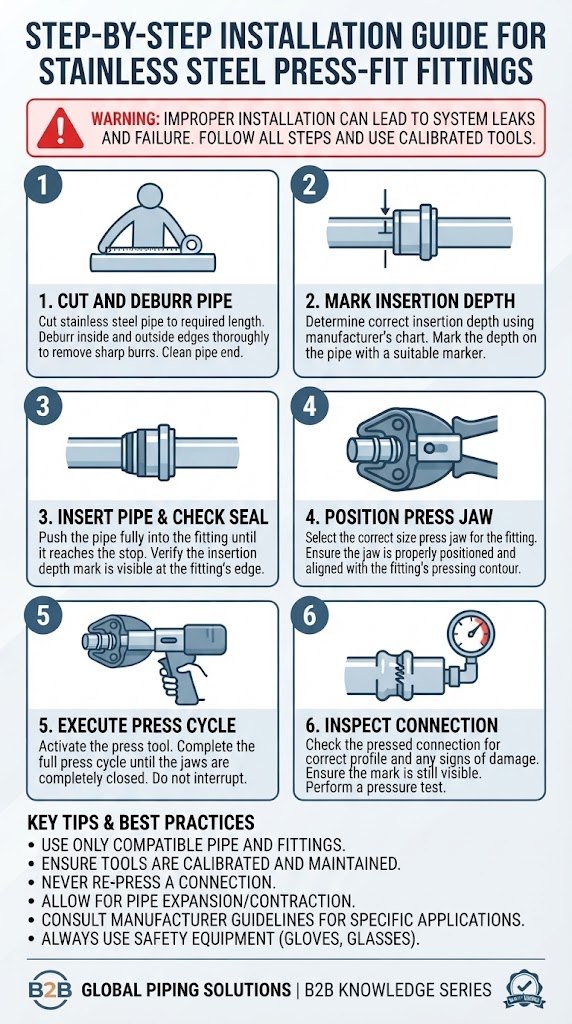 Correct installation steps for stainless steel press-fit fittings