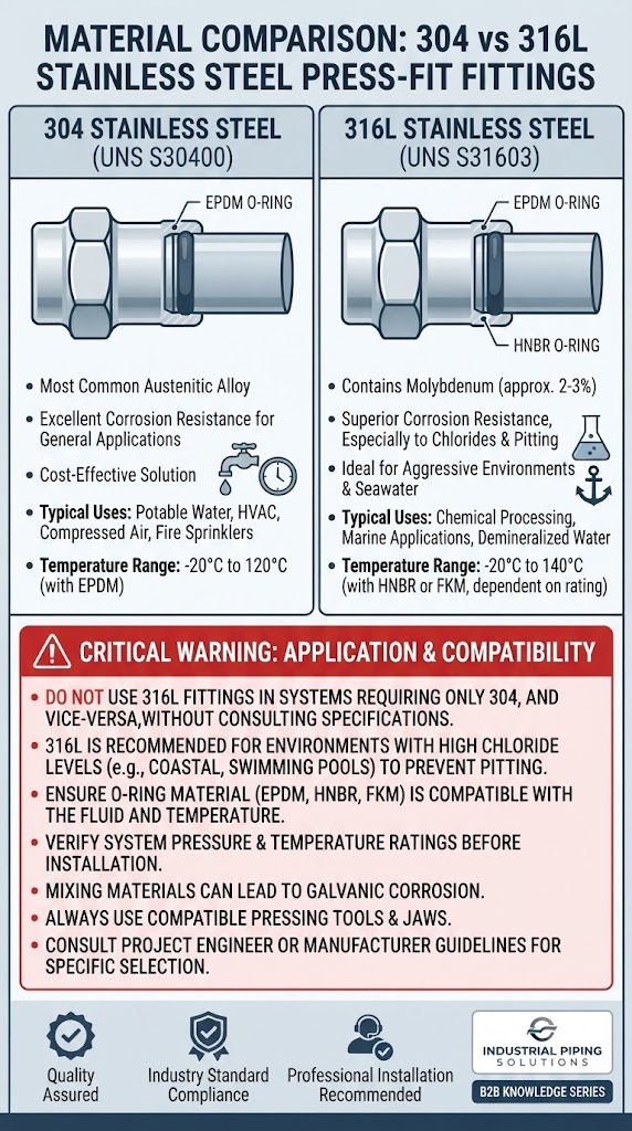 Guidance for choosing 304 and 316L stainless steel press fittings by working medium