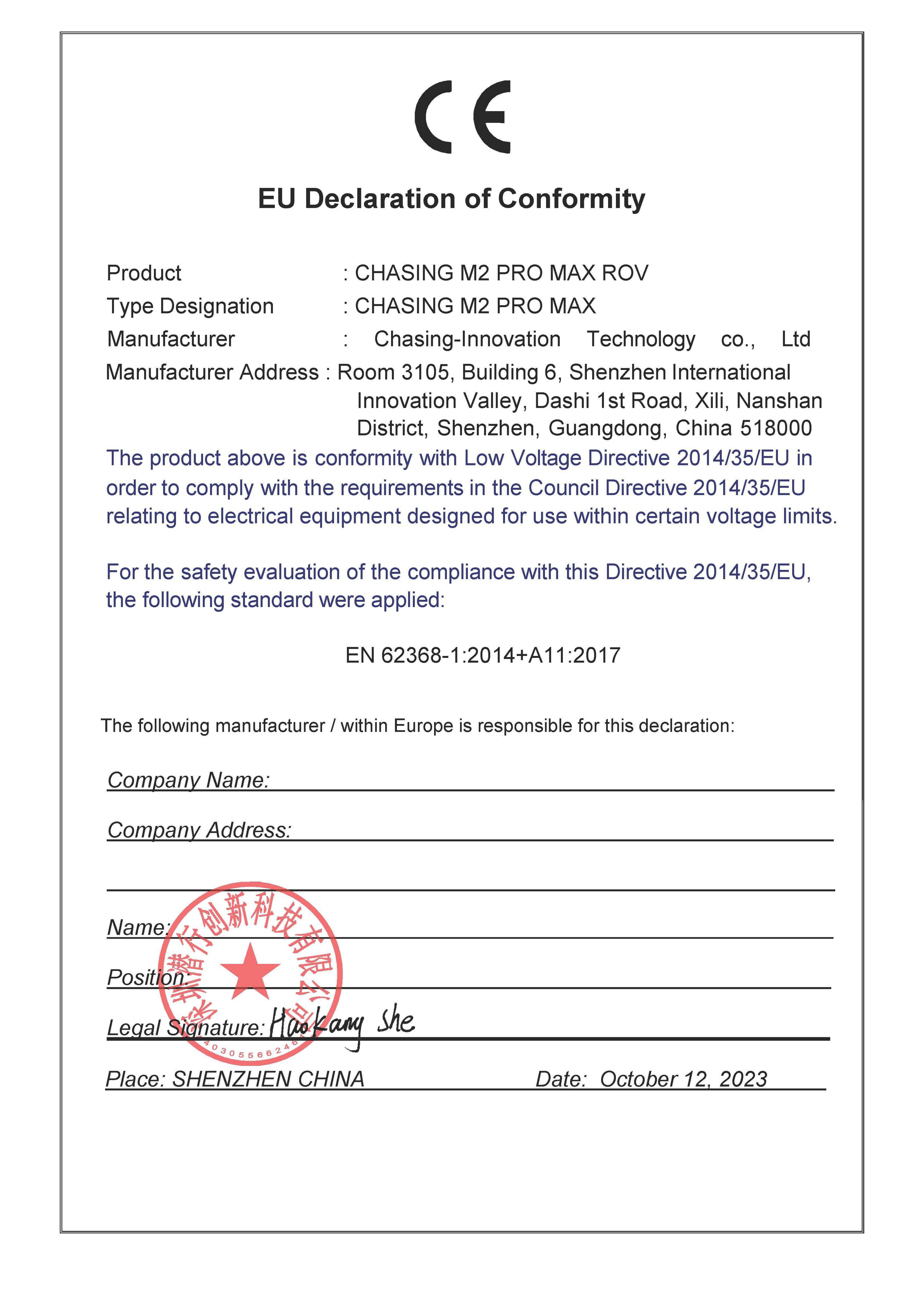 CE-LVD EU Declaration of Conformity (CHASING M2 PRO MAX ROV)