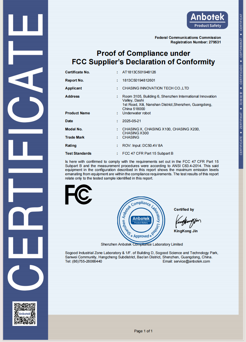 FCC Supplier’s Declaration of Conformity – EMC (CHASING X Underwater Robot)