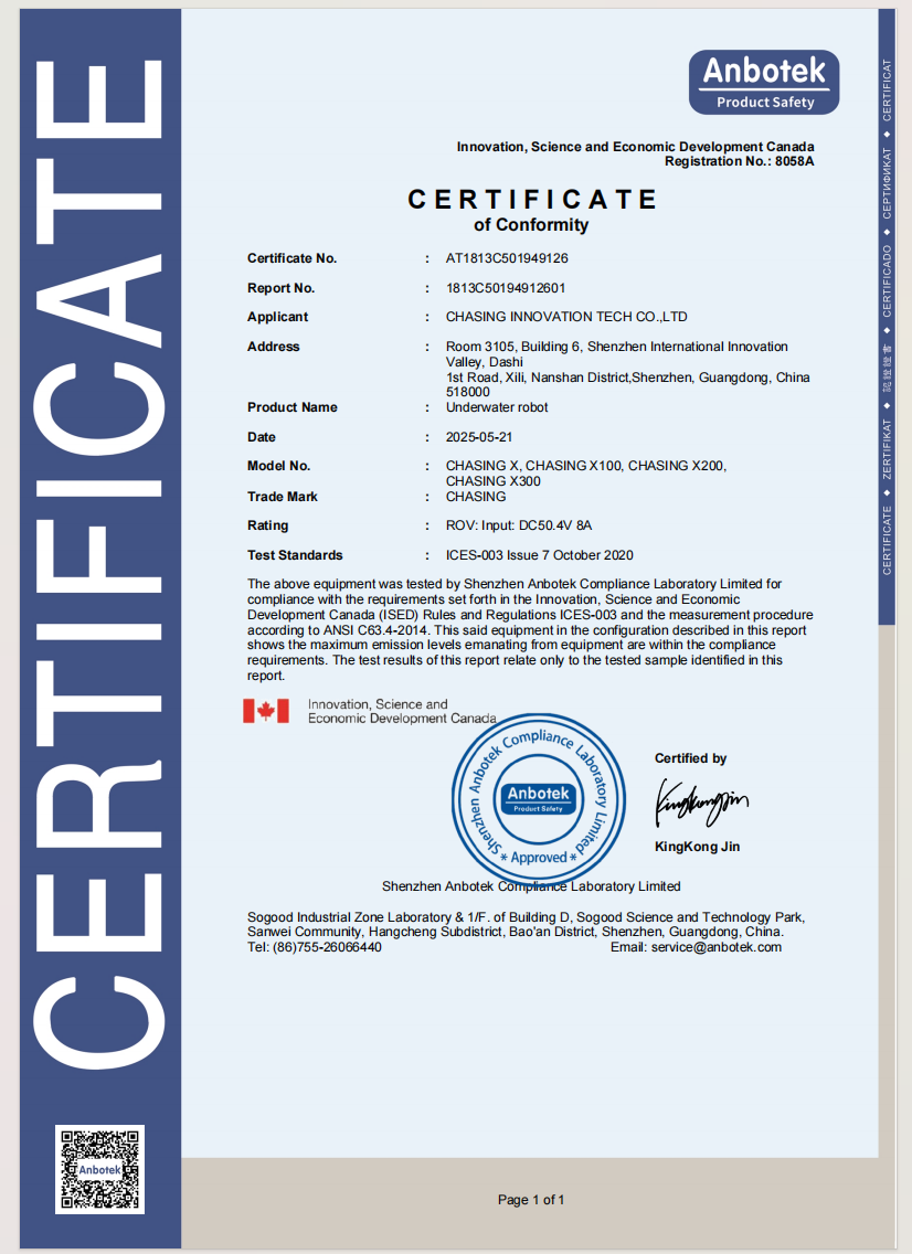ISED-EMC Certificate of Conformity (CHASING X Underwater Robot)