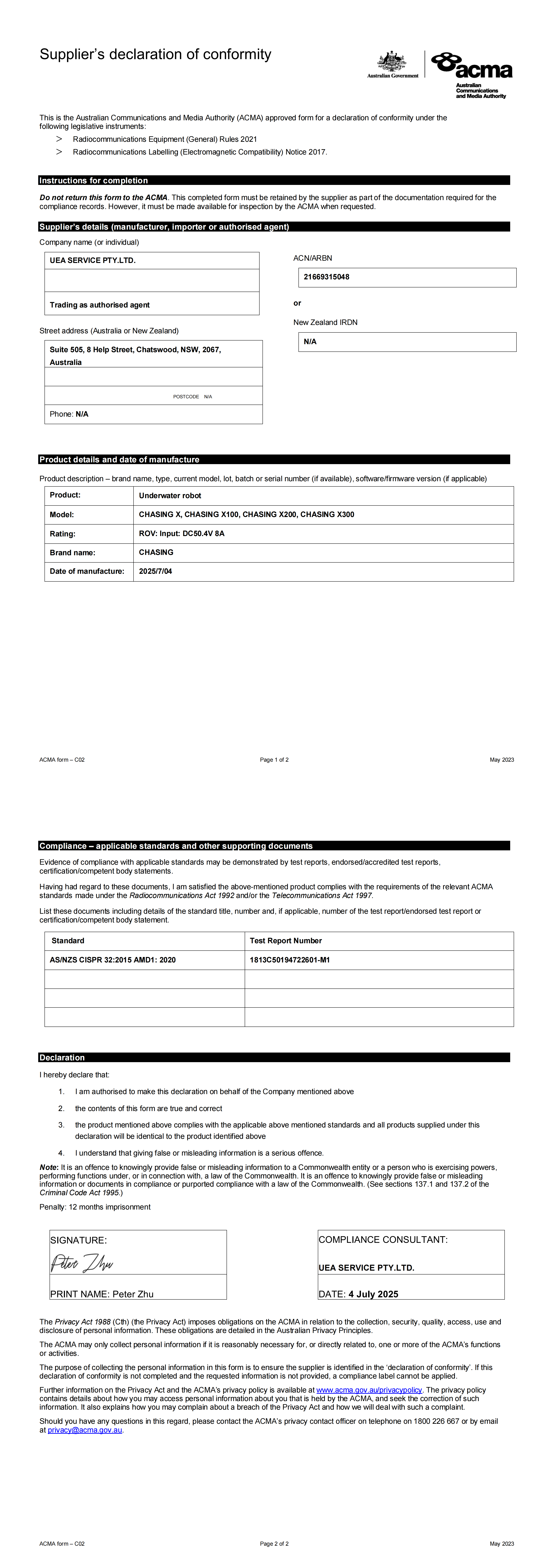 RCM Supplier’s Declaration of Conformity (CHASING X Underwater Robot)