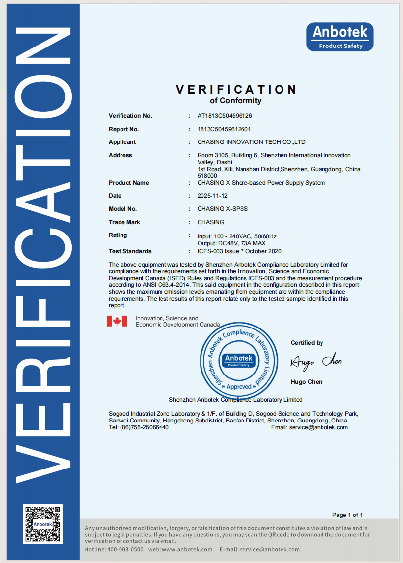 ISED-EMC Verification of Conformity (CHASING X Shore-based Power Supply System)