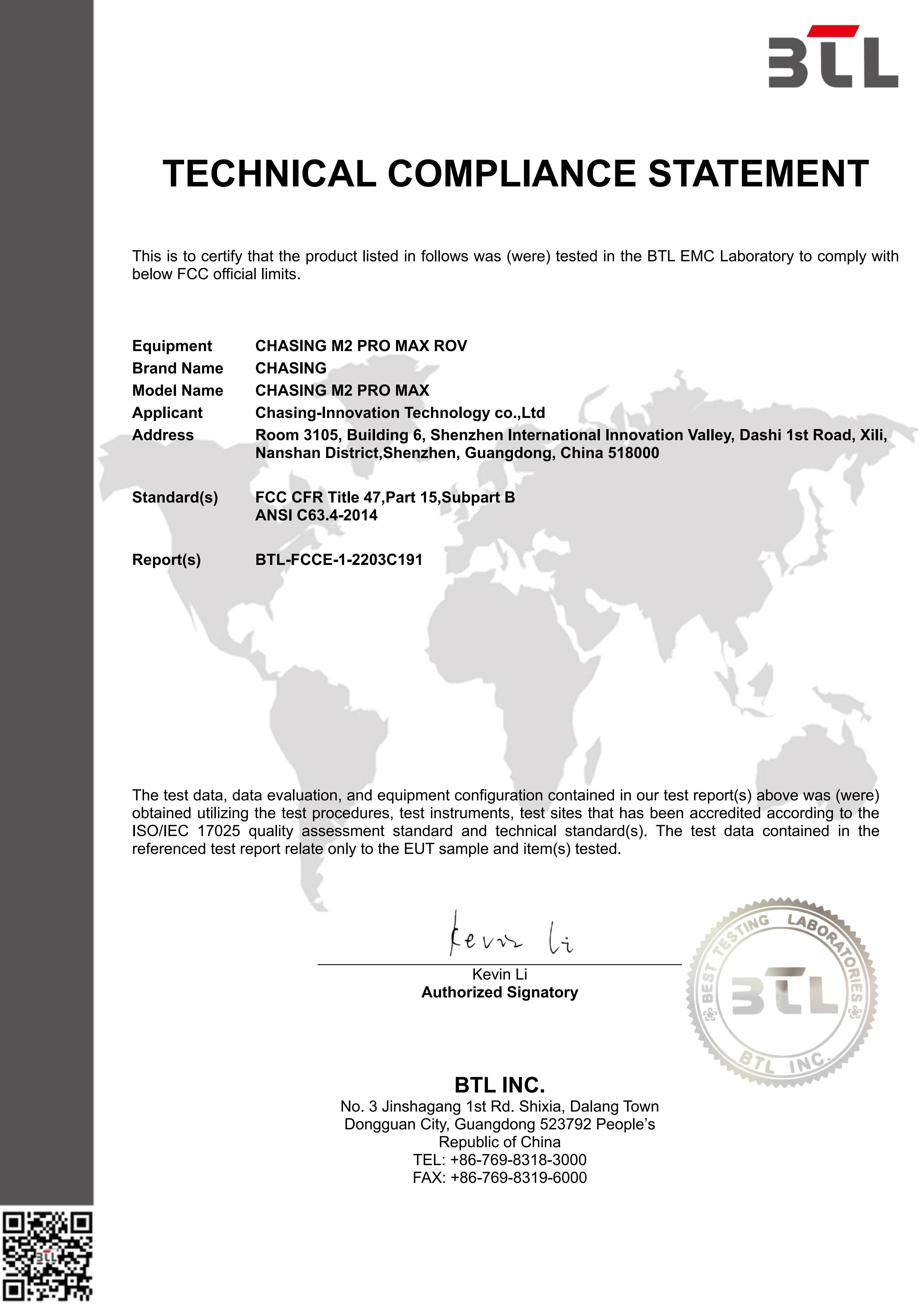FCC Technical Compliance Statement (CHASING M2 PRO MAX ROV)
