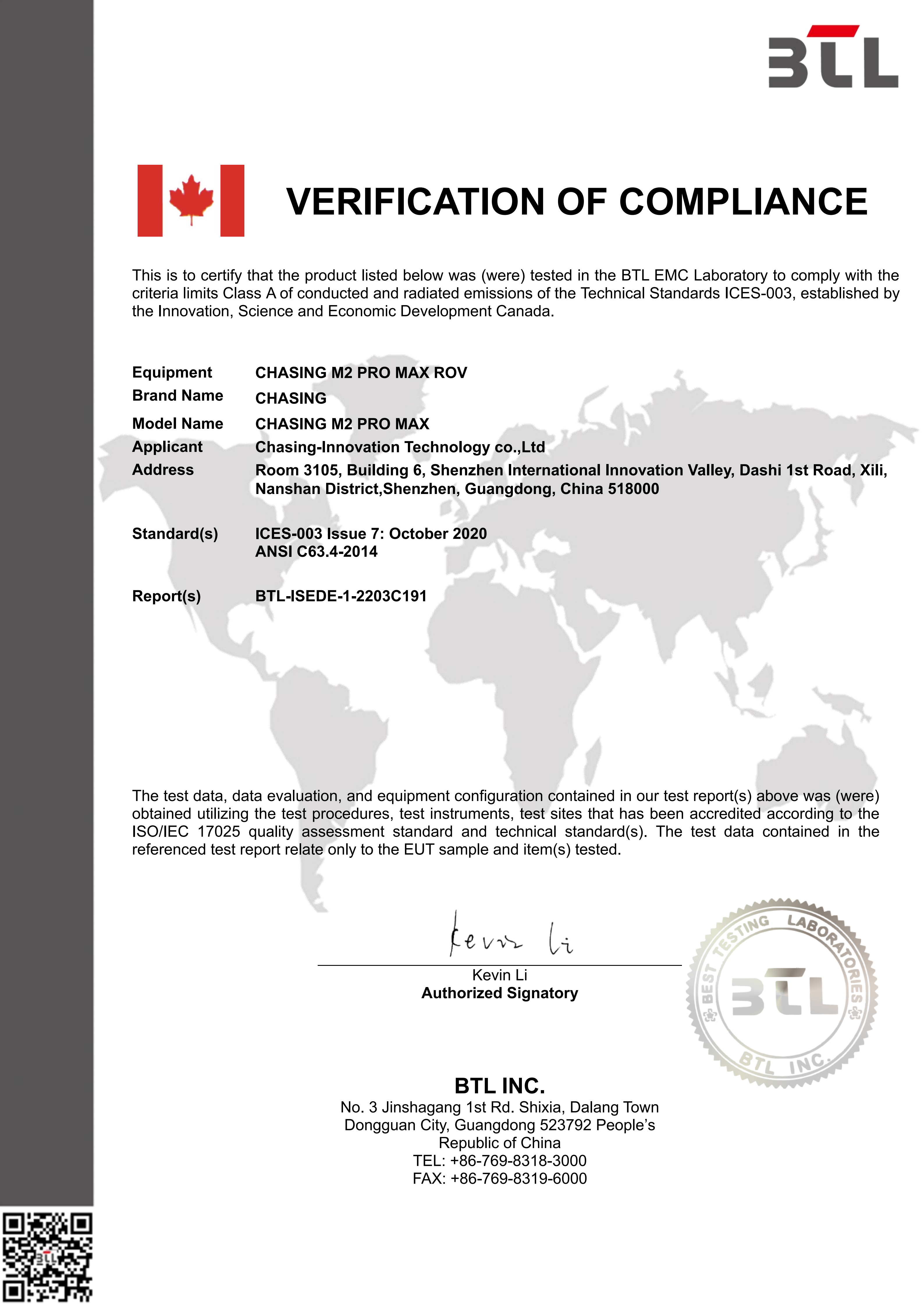 ISED Verification of Compliance (CHASING M2 PRO MAX ROV)