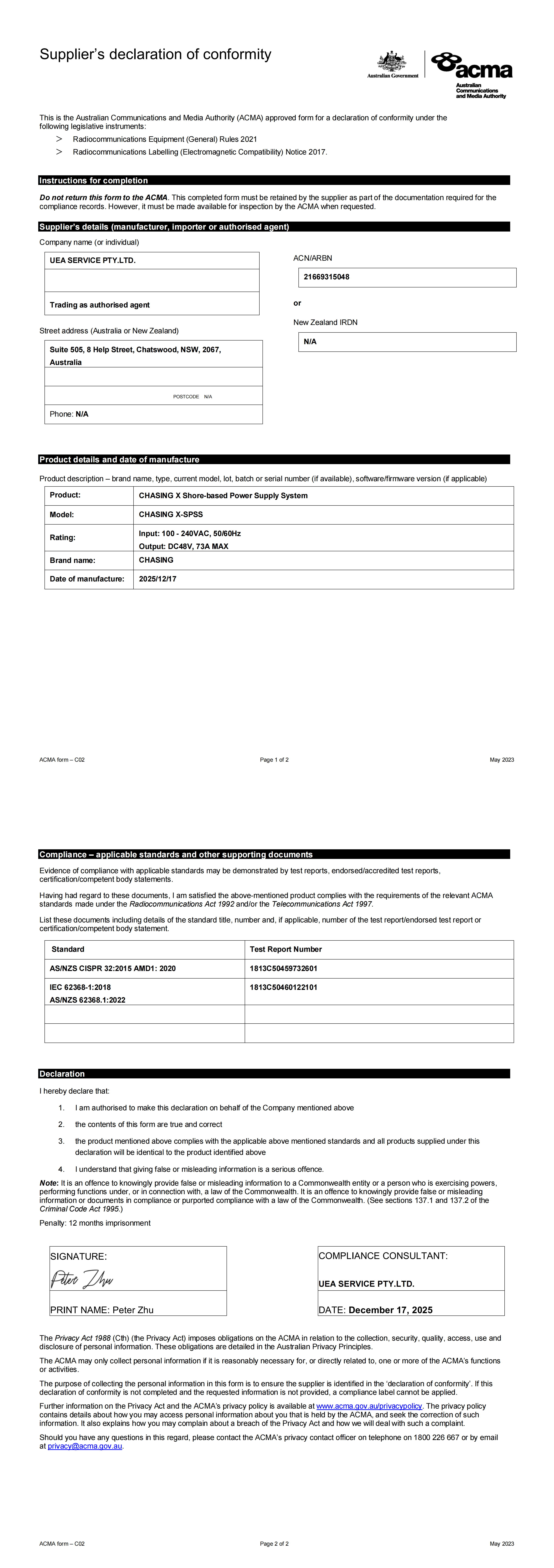 RCM Supplier’s Declaration of Conformity (CHASING X Shore-based Power Supply System)