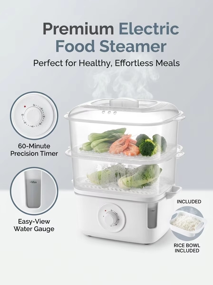 Multi-tier electric food steamer with stacked steaming trays for simultaneous cooking