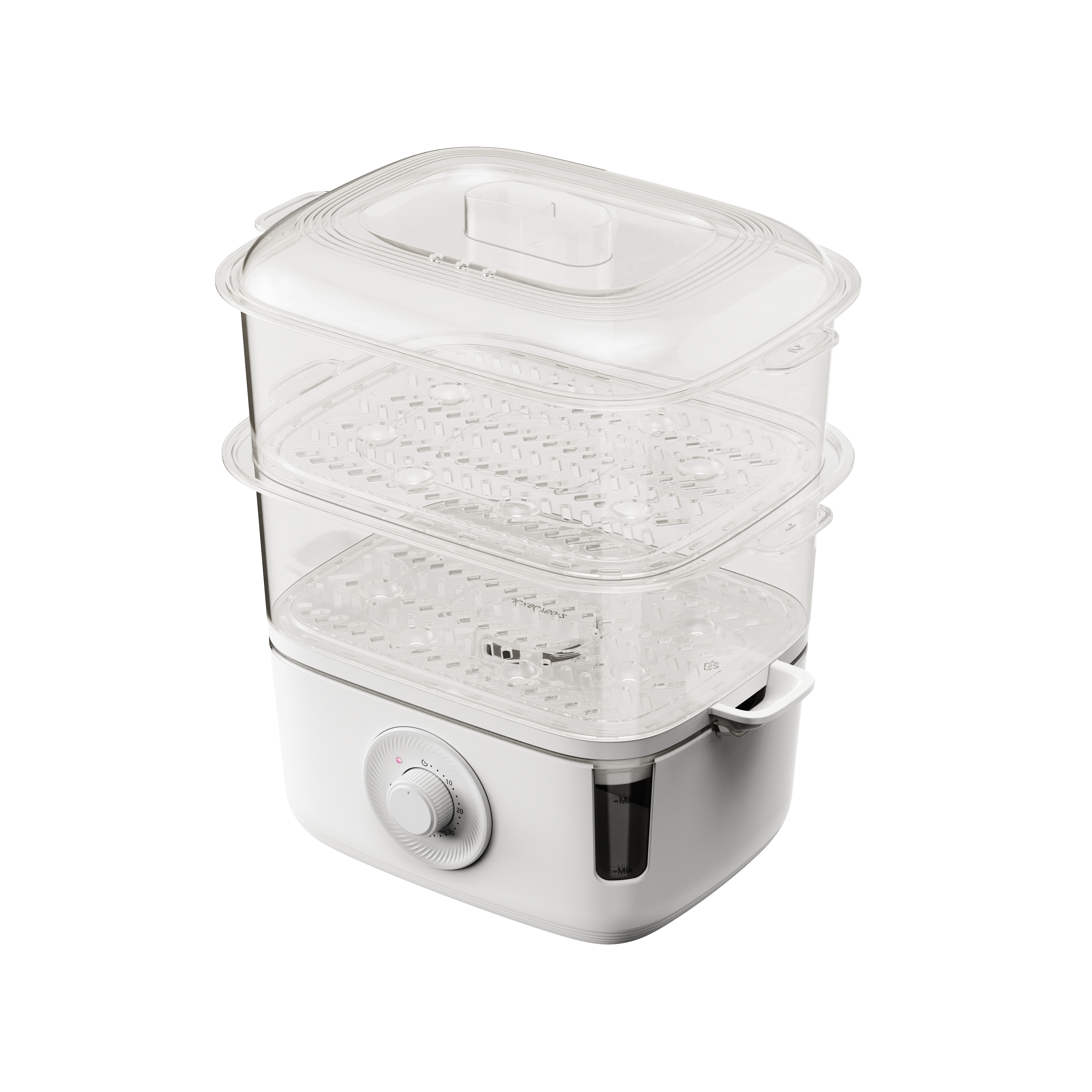 Countertop electric food steamer with two-layer transparent body and independent water tank