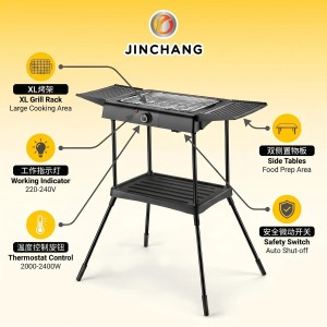 adjustable temperature electric grill with side tables