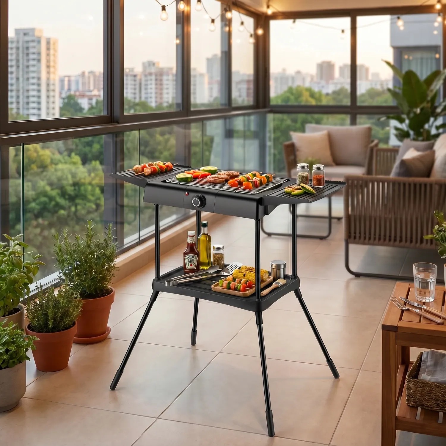 Freestanding adjustable temperature electric grill