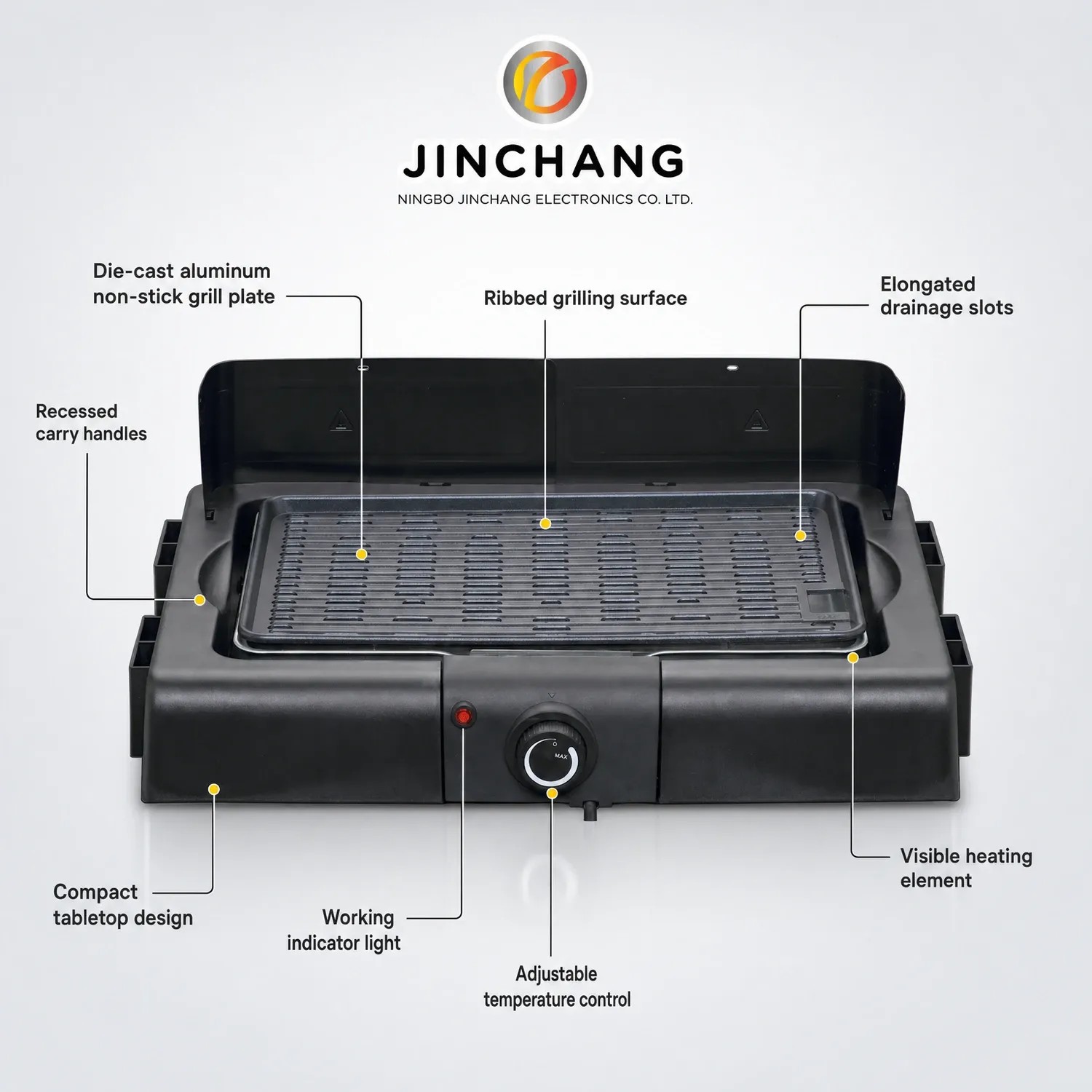 Non-stick countertop electric grill with ribbed die-cast cooking plate