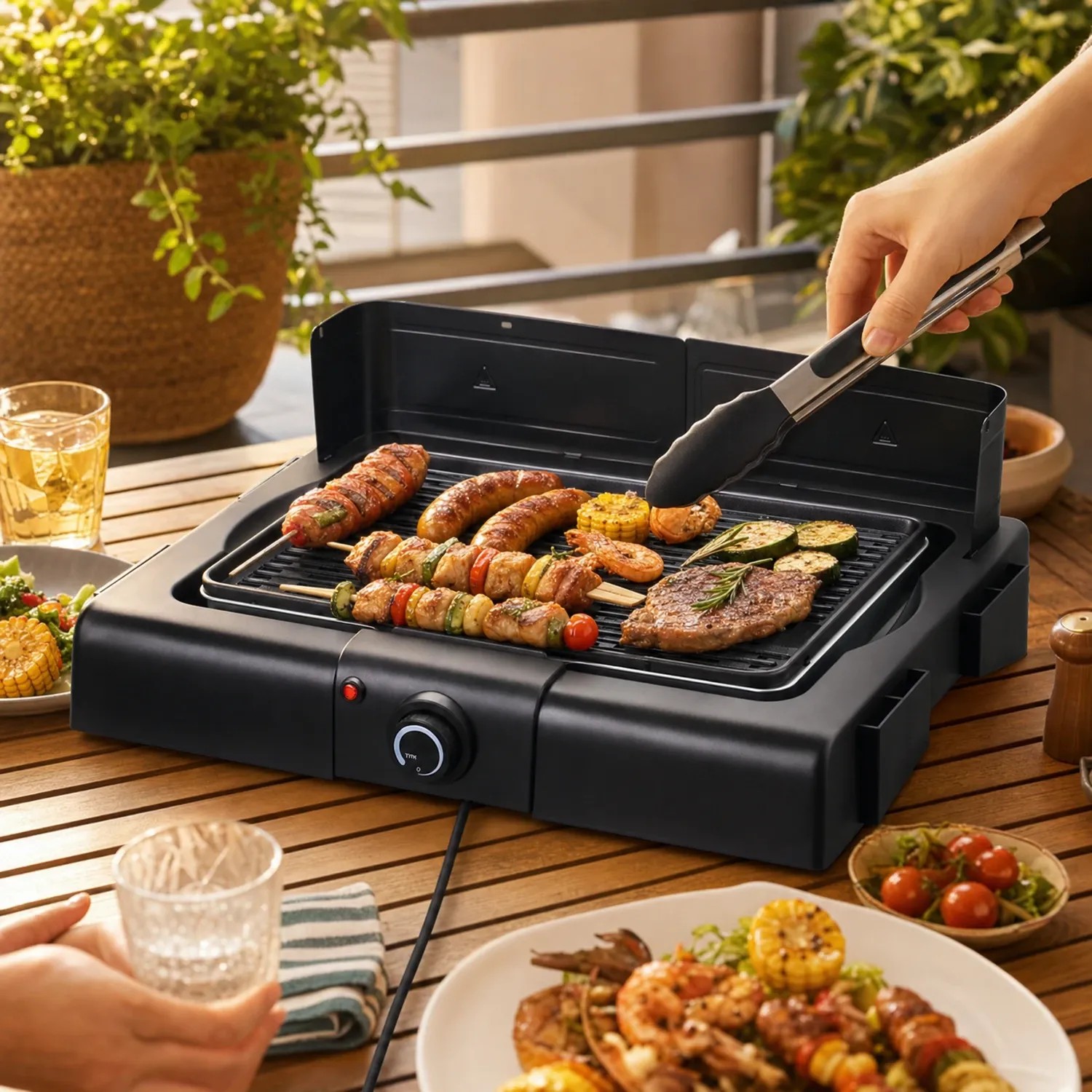 Household electric table grill used on an indoor kitchen countertop