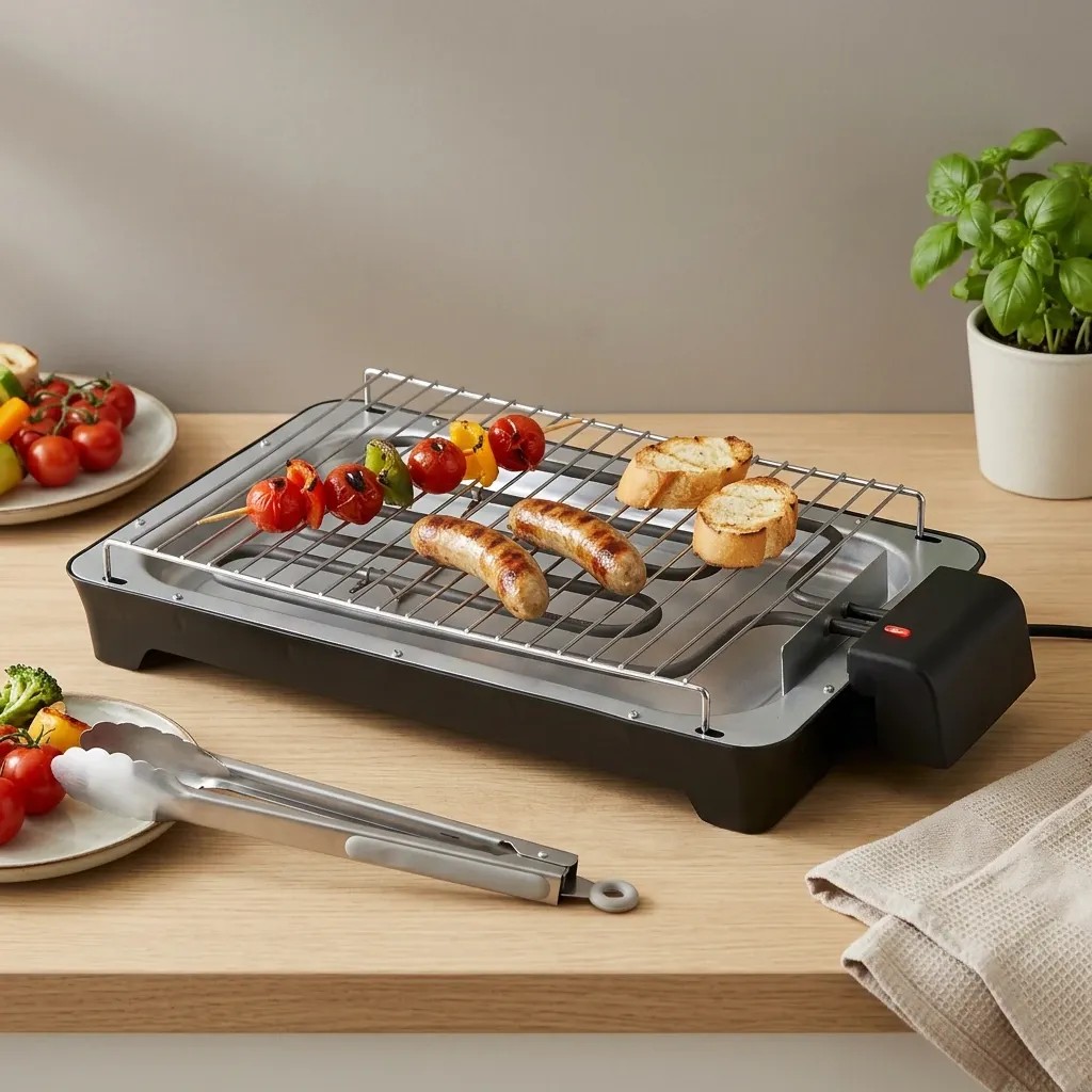 Indoor tabletop electric grill used on a kitchen countertop