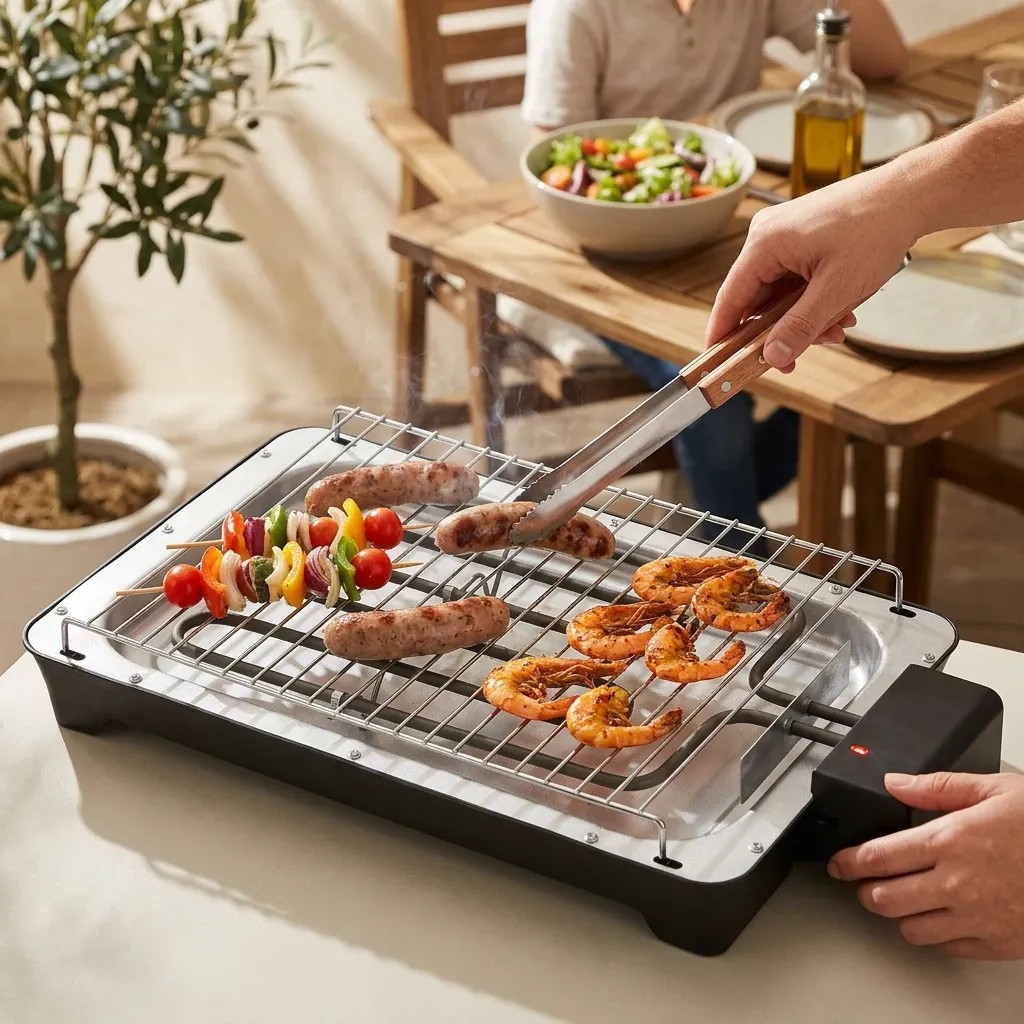 Indoor family electric BBQ grill used for a small-party meal