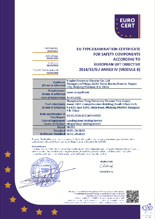 CE certification document for a residential home elevator vertical lifting platform issued by EUROCERT S.A