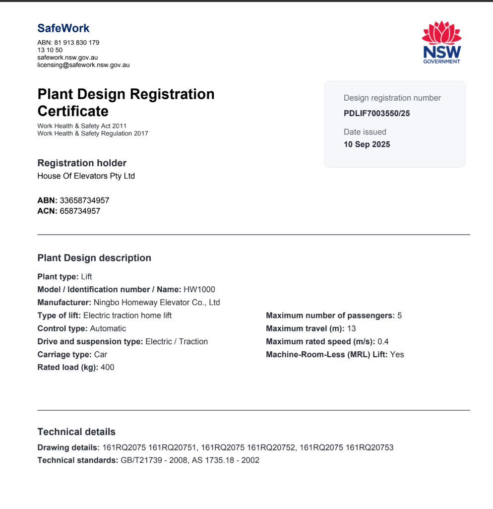 Plant Design Registration Certificate (SafeWork NSW Australia)