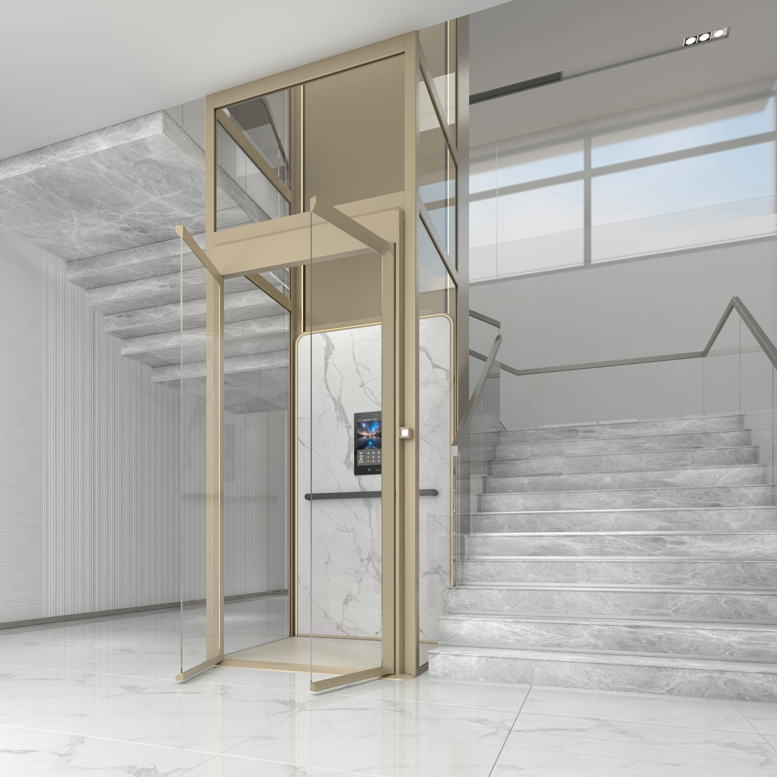 Traction belt home elevator installed in a residential villa with an integrated full-aluminum car cabin