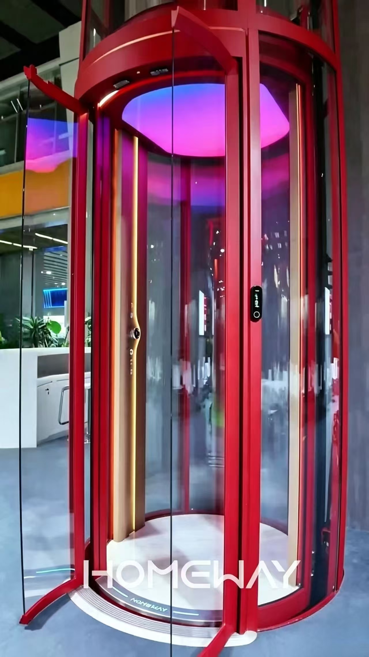 Full circular panoramic home elevator with tempered laminated safety glass panels and integrated full aluminium car cabin
