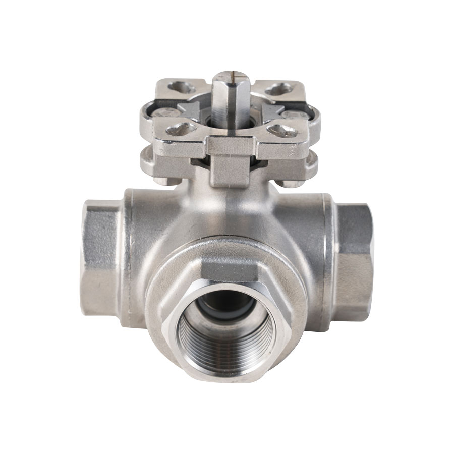 Three-way threaded ball valve with three ports in one body
