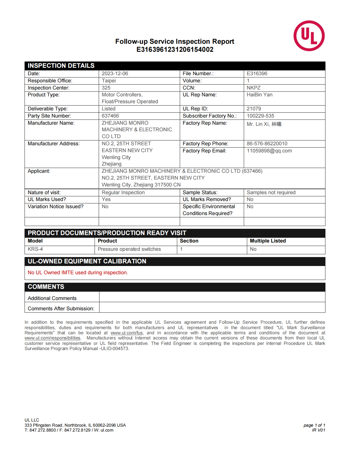 UL Listed certificate E316396 for Monro KRS-4 pressure control switch