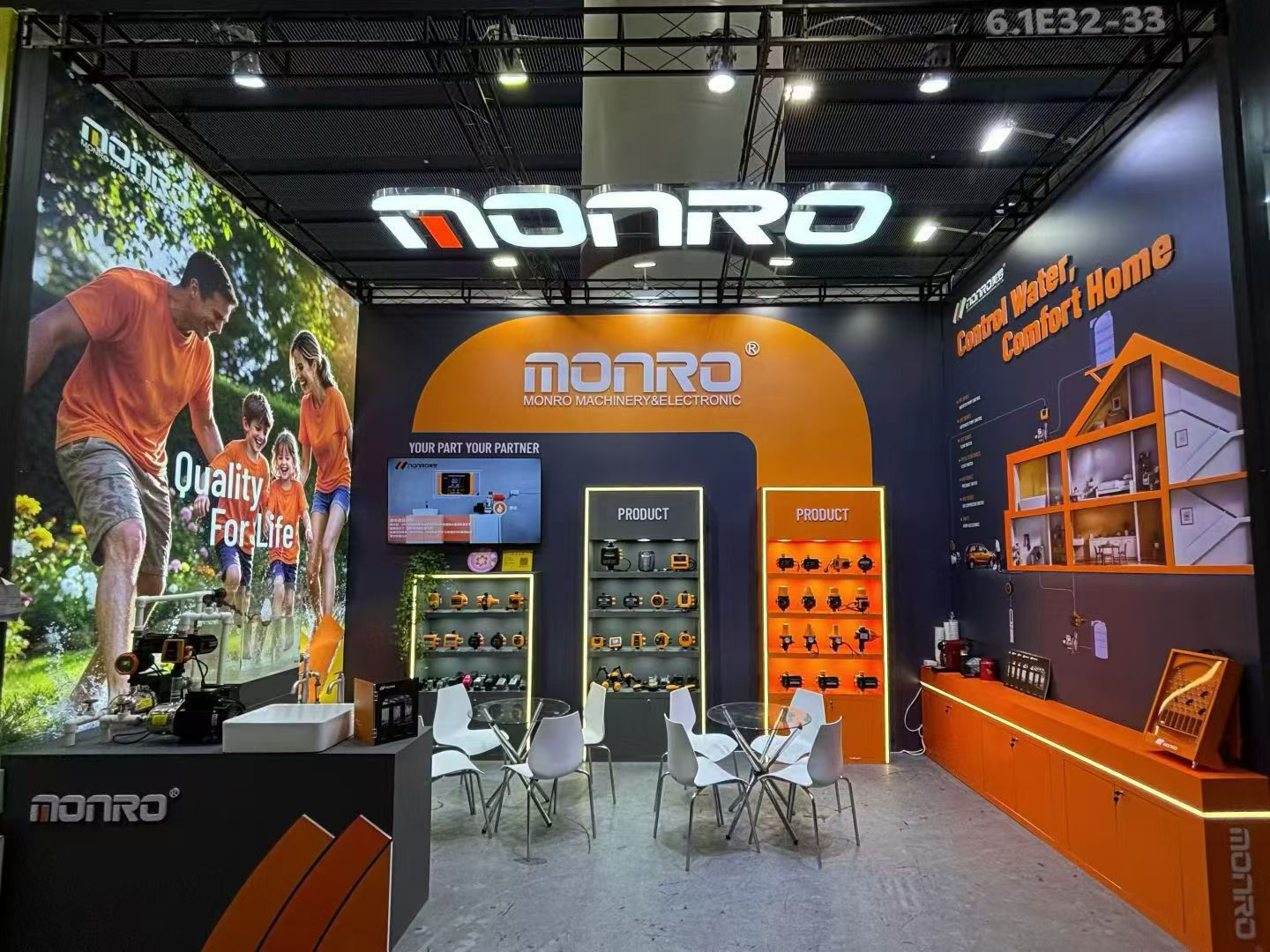 Monro Switch industrial exhibition stand showing pump controllers and pressure switches for water and construction applications