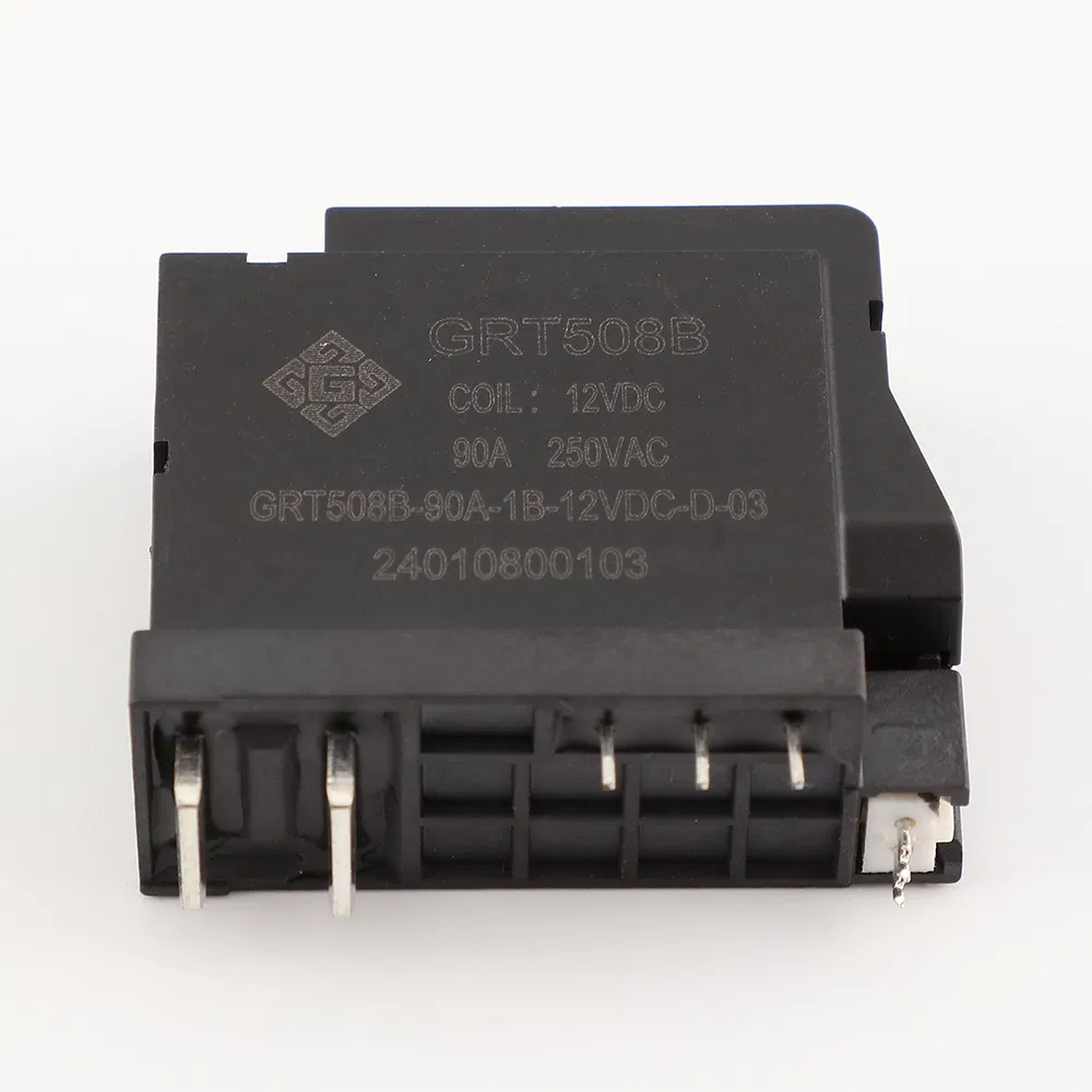 GRT508BG 90A latching relay with PCB terminals, angled front view